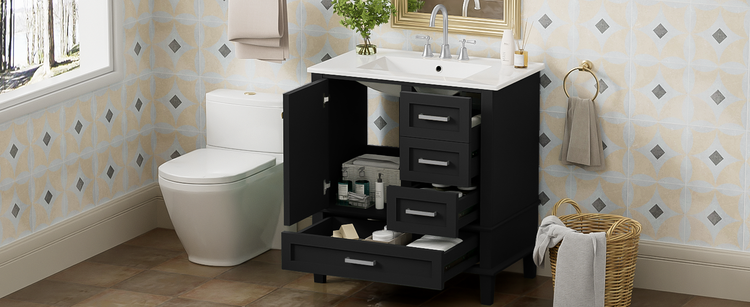 30" Bathroom Vanity , Modern Bathroom Cabinet with Sink Combo Set, Bathroom Storage Cabinet with a Soft Closing Door and 3 Drawers, Solid Wood Frame(Black)