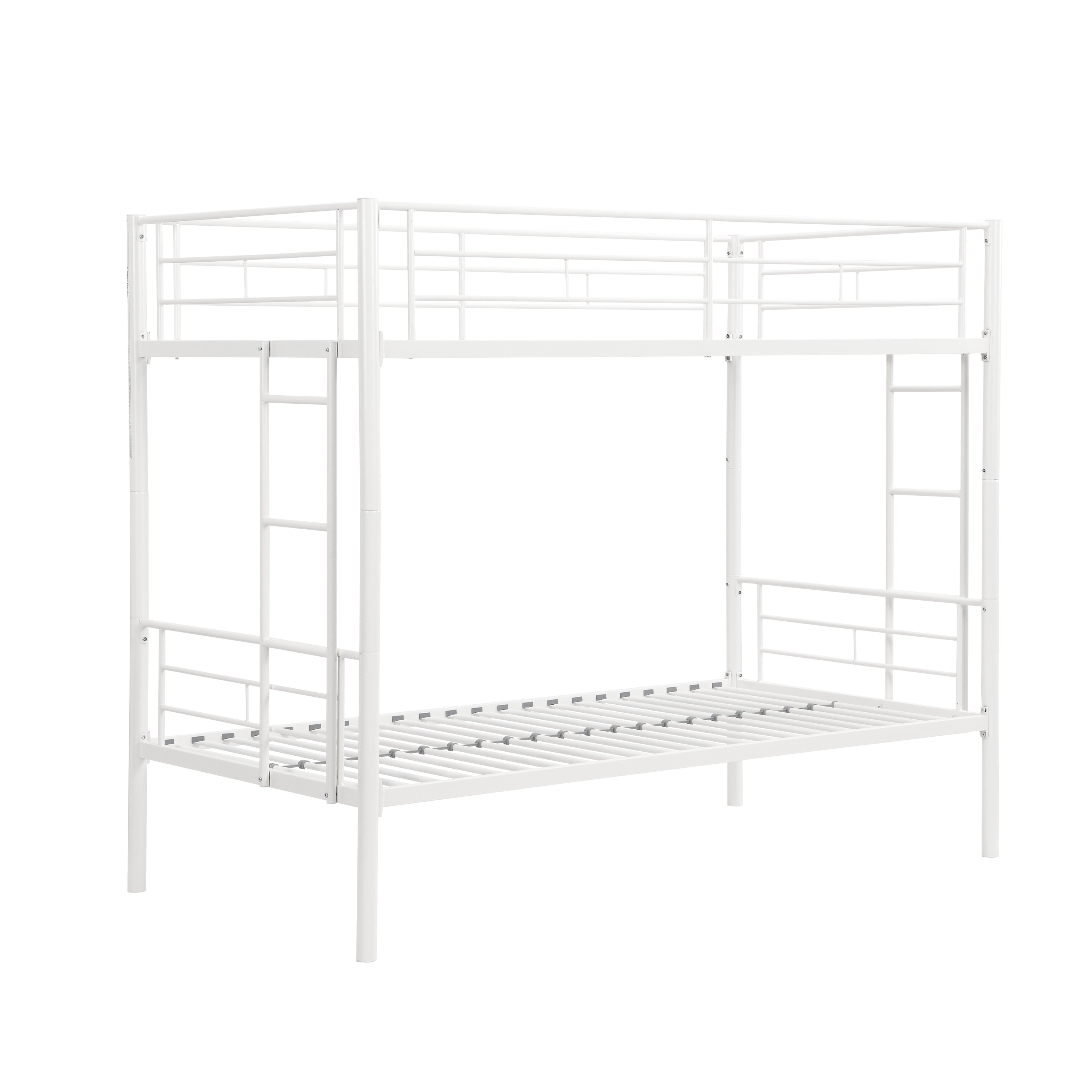 Twin Over Twin Metal Bunk Bed,Metal Structure Bedframe with Safety Guardrails and 2 ladders,Convertible Bunkbeds,No Spring Box Required and Space Saving Design,White