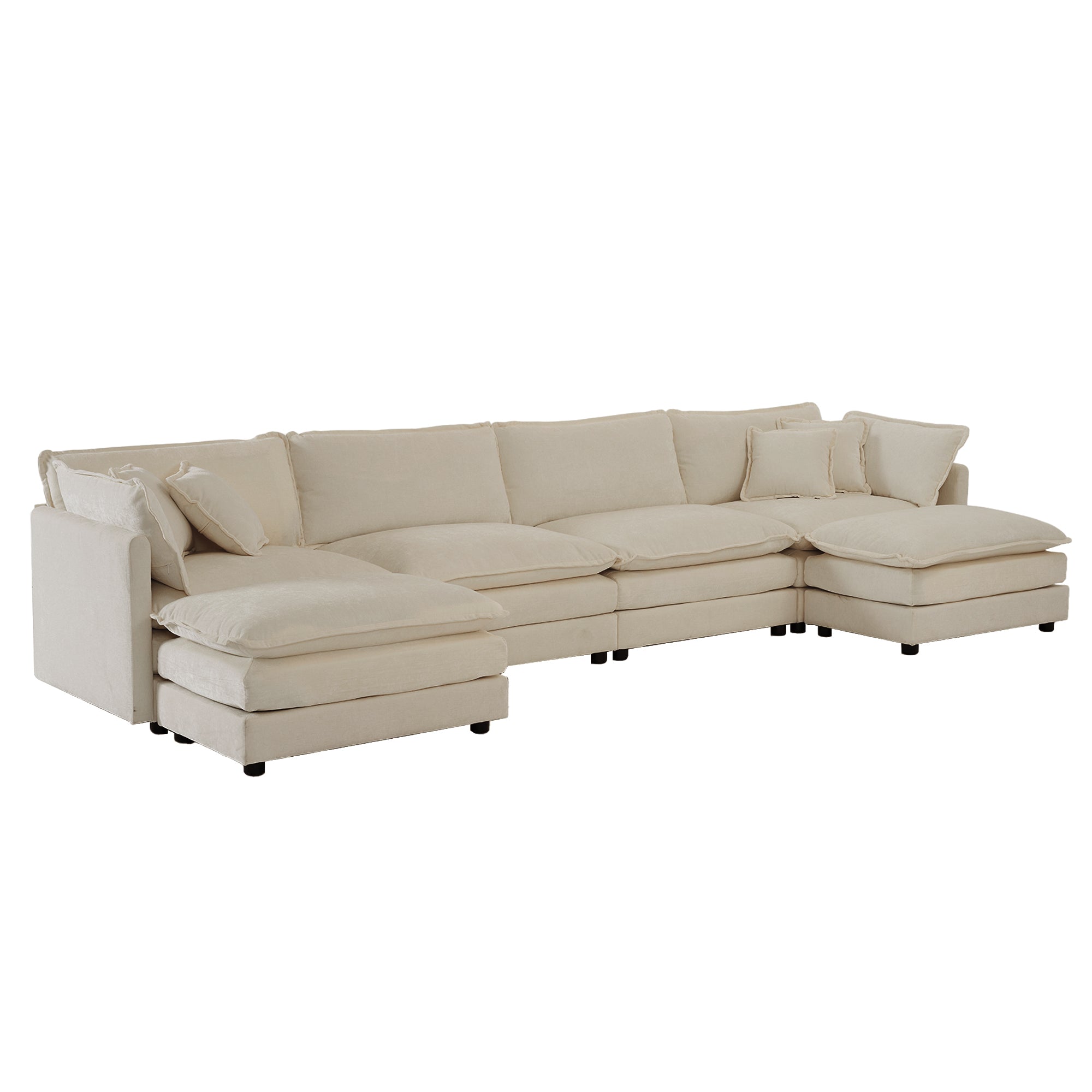 Comfort U Shaped Couch with Reversible Chaise, Modular Large U-Shape Sectional Sofa, Double Extra Ottomans,Beige Chenille