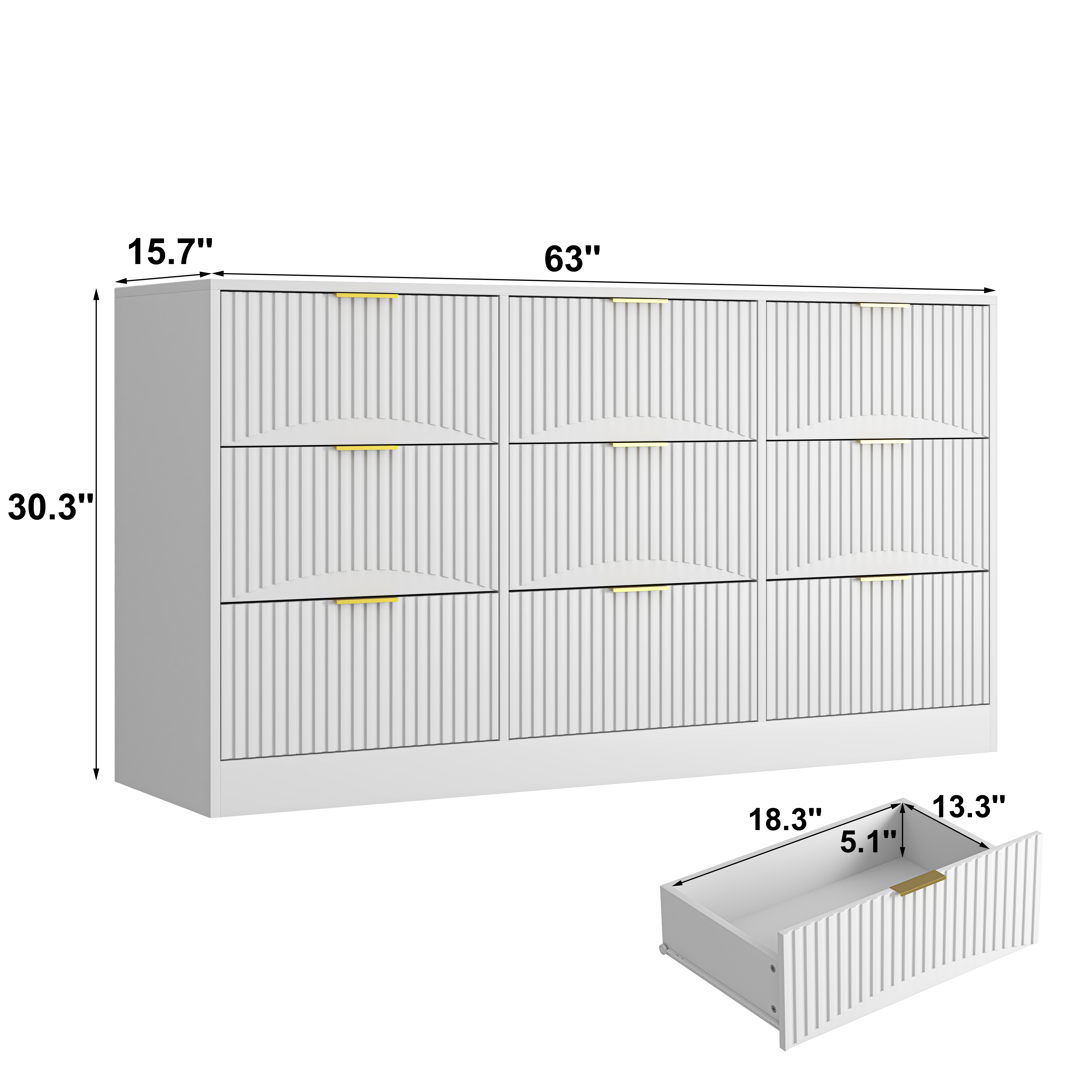 White 63-inch wooden chest of drawers, drawers open detail