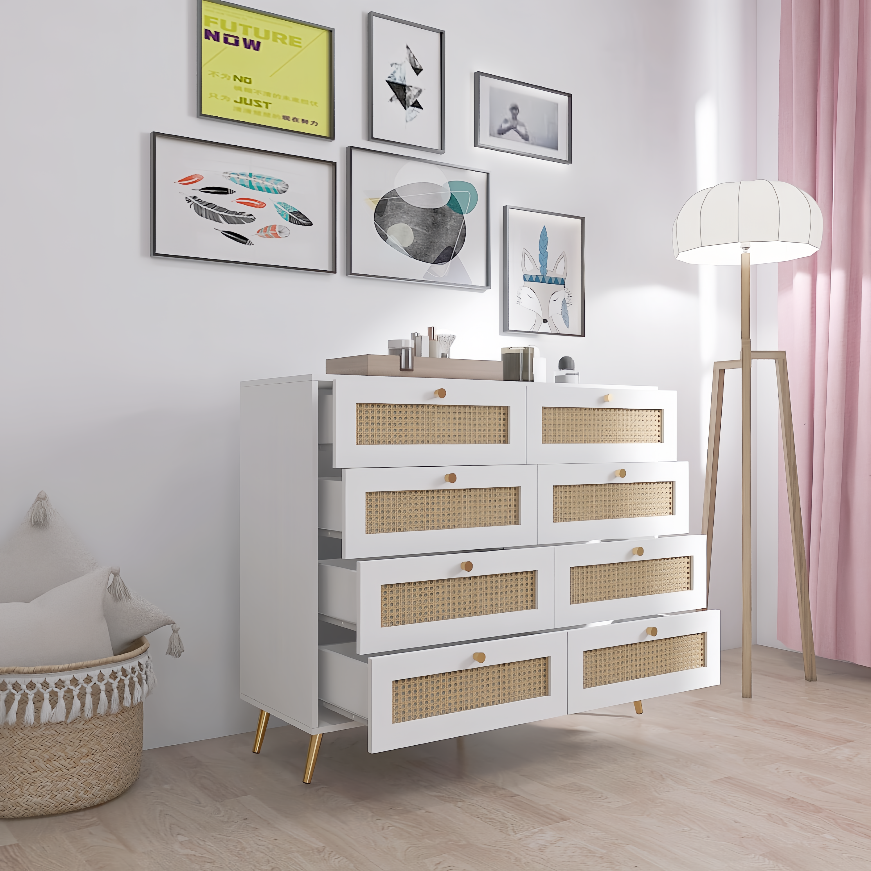 White Color 8 Drawers Chest of Drawers with Rattan Drawer Face Golden Legs and Handles