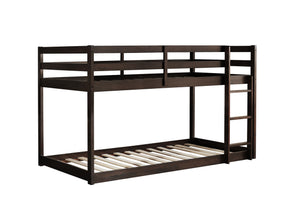 Espresso solid wood twin over twin floor bunk bed with ladder, front view