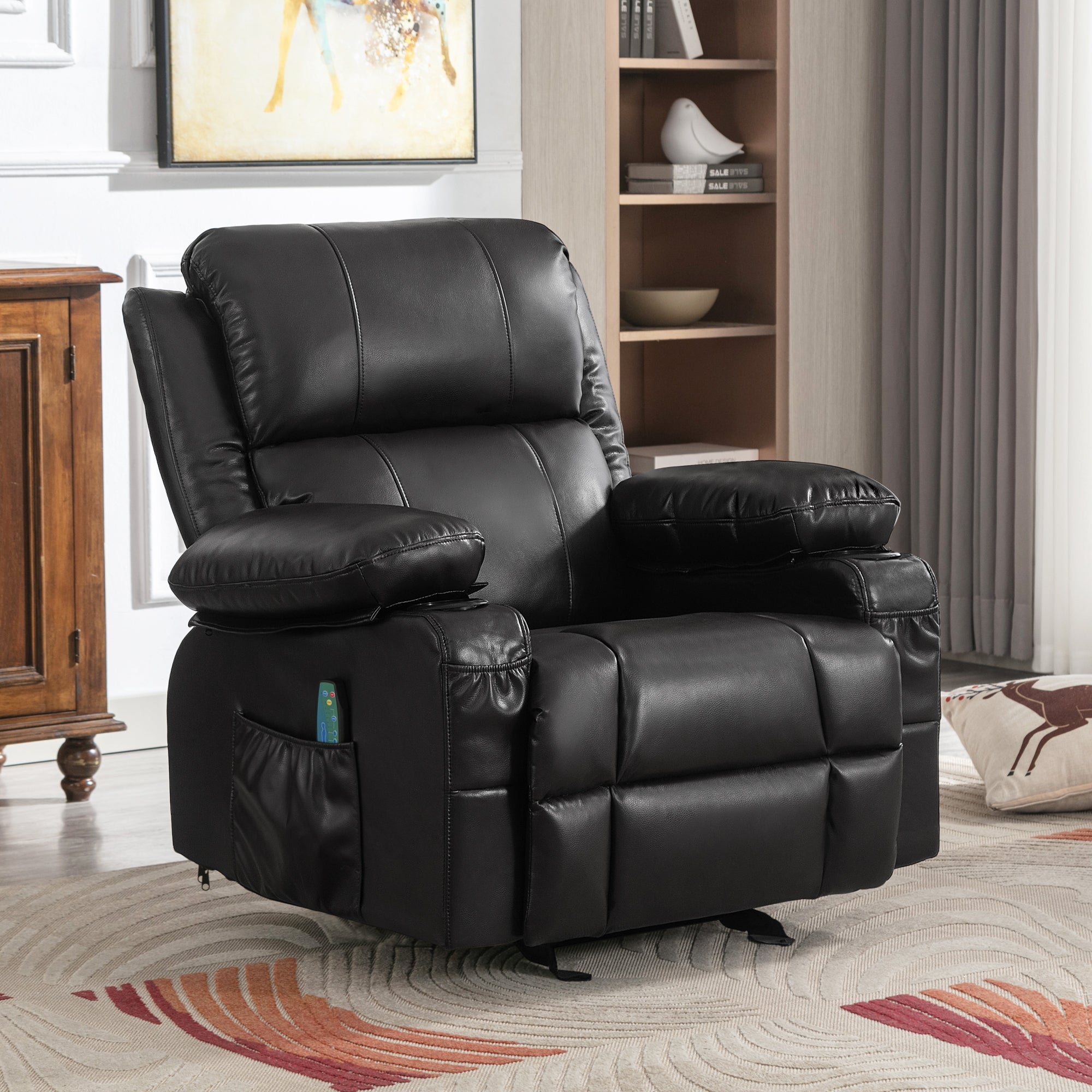 Vanbow.Recliner Chair Rocking Chairs for Adults  with 2 Cup Holders, USB Charge Port Soft Features a Manual Massage and Heat.BLACK