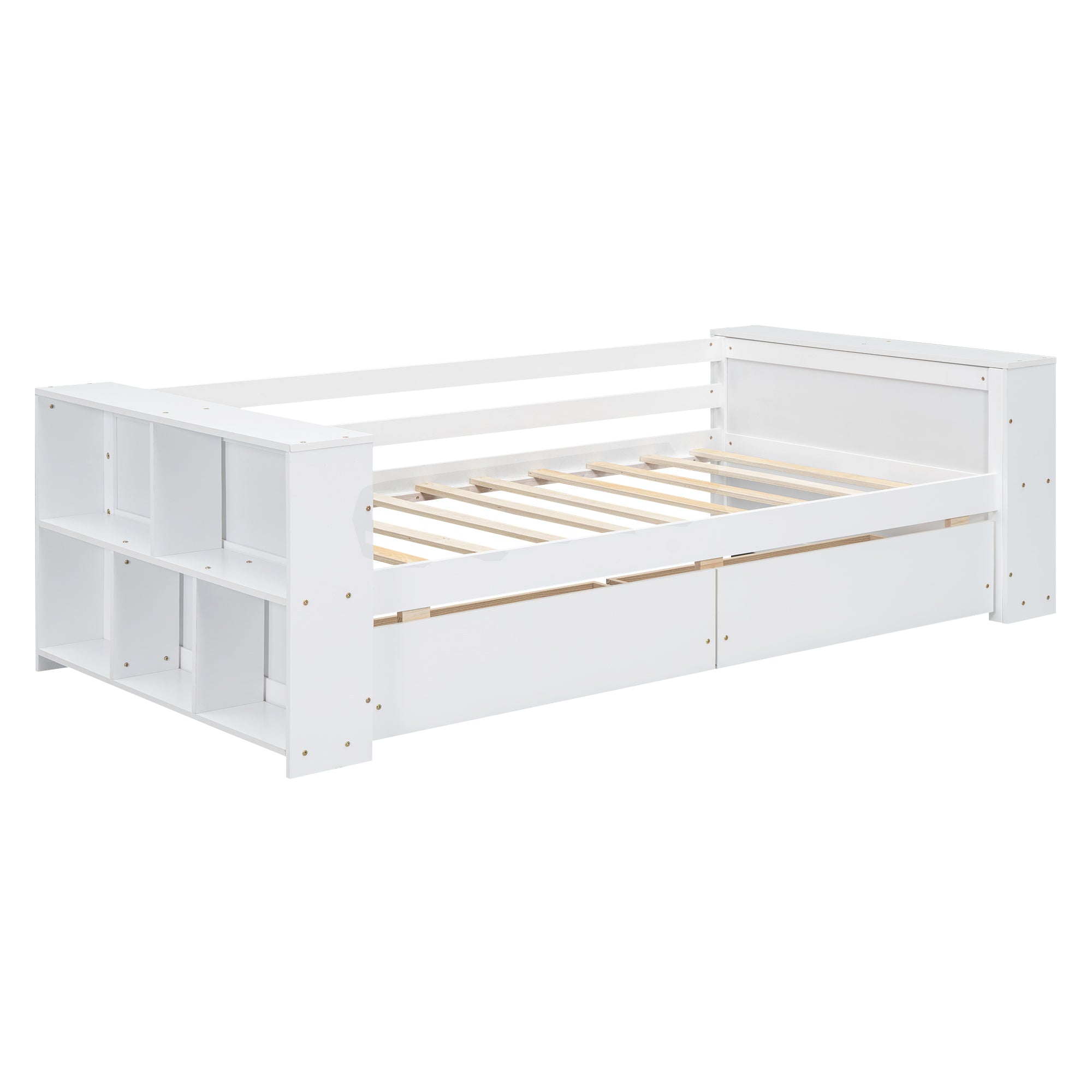 Twin Size Daybed with Shelves and Drawers, White