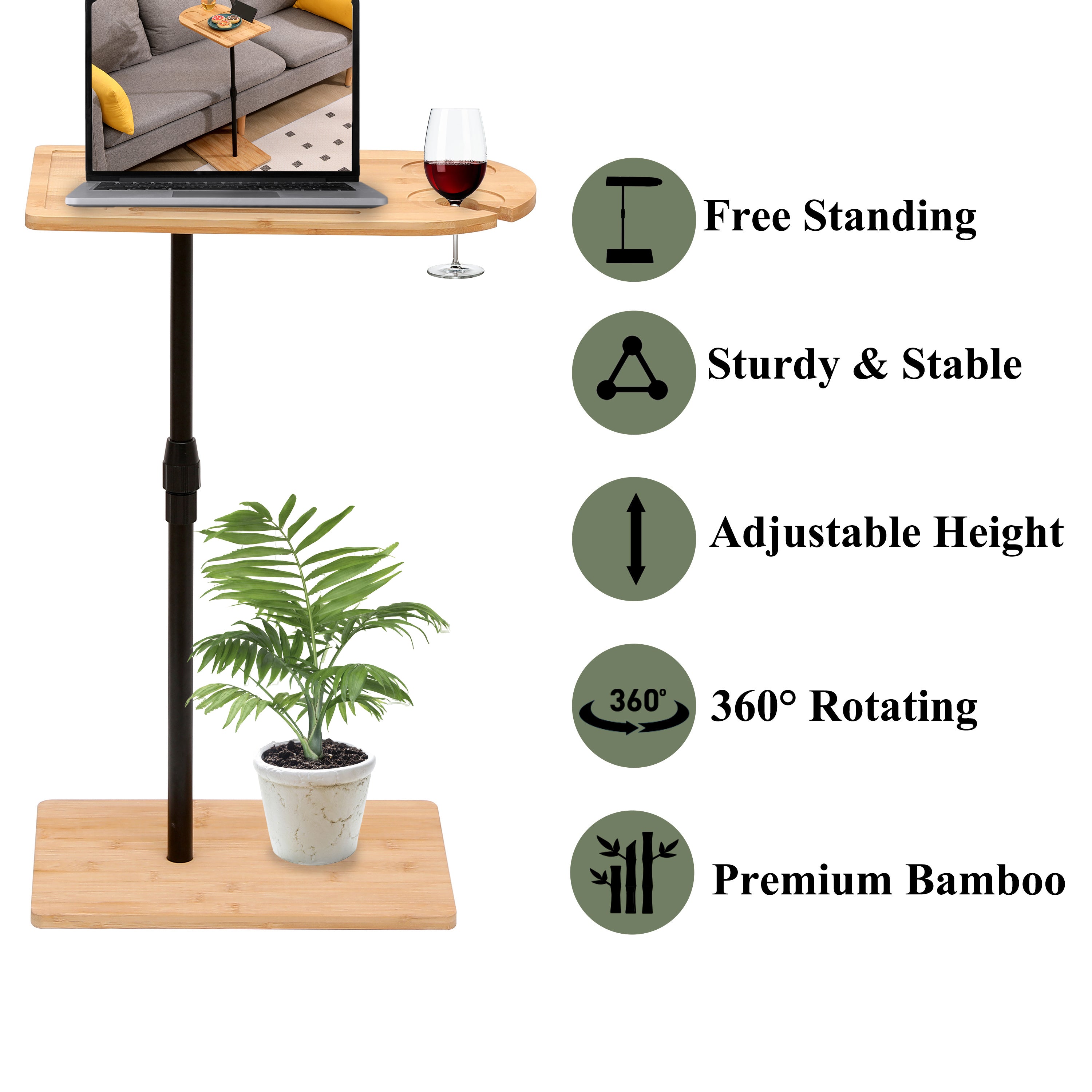 Couch Tray Table Bamboo Height Adjustable Side Table for Sofa C-shaped Oval End Tables with Slots for Bed & Chairs in Living Room & Bedroom (Oval + Rectangle)