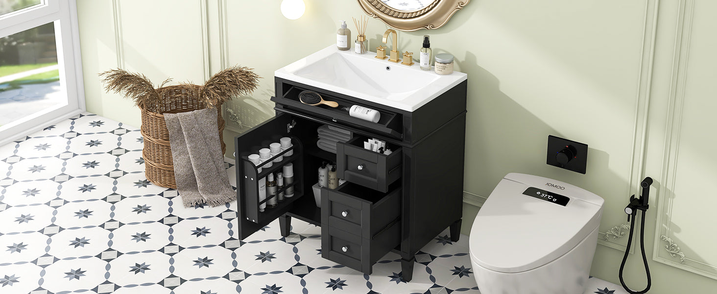 30'' Bathroom Vanity with Top Sink, Modern Bathroom Storage Cabinet with 2 Drawers and a Tip-out Drawer, Single Sink Bathroom Vanity