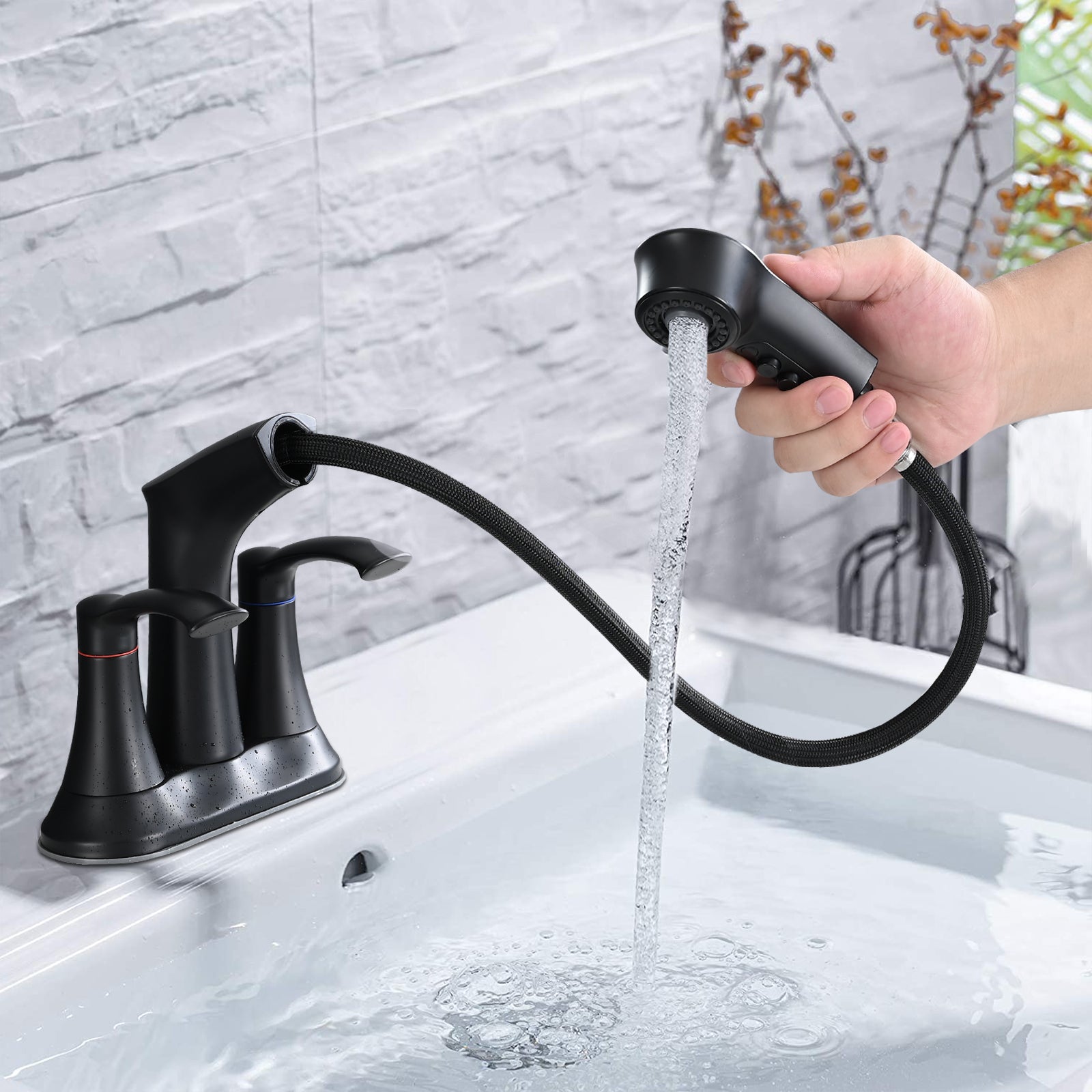 Bathroom Faucet with Pull Out Sprayer, 2 Handle 4 Inch Faucet Utility Sink Faucet, Matte Black