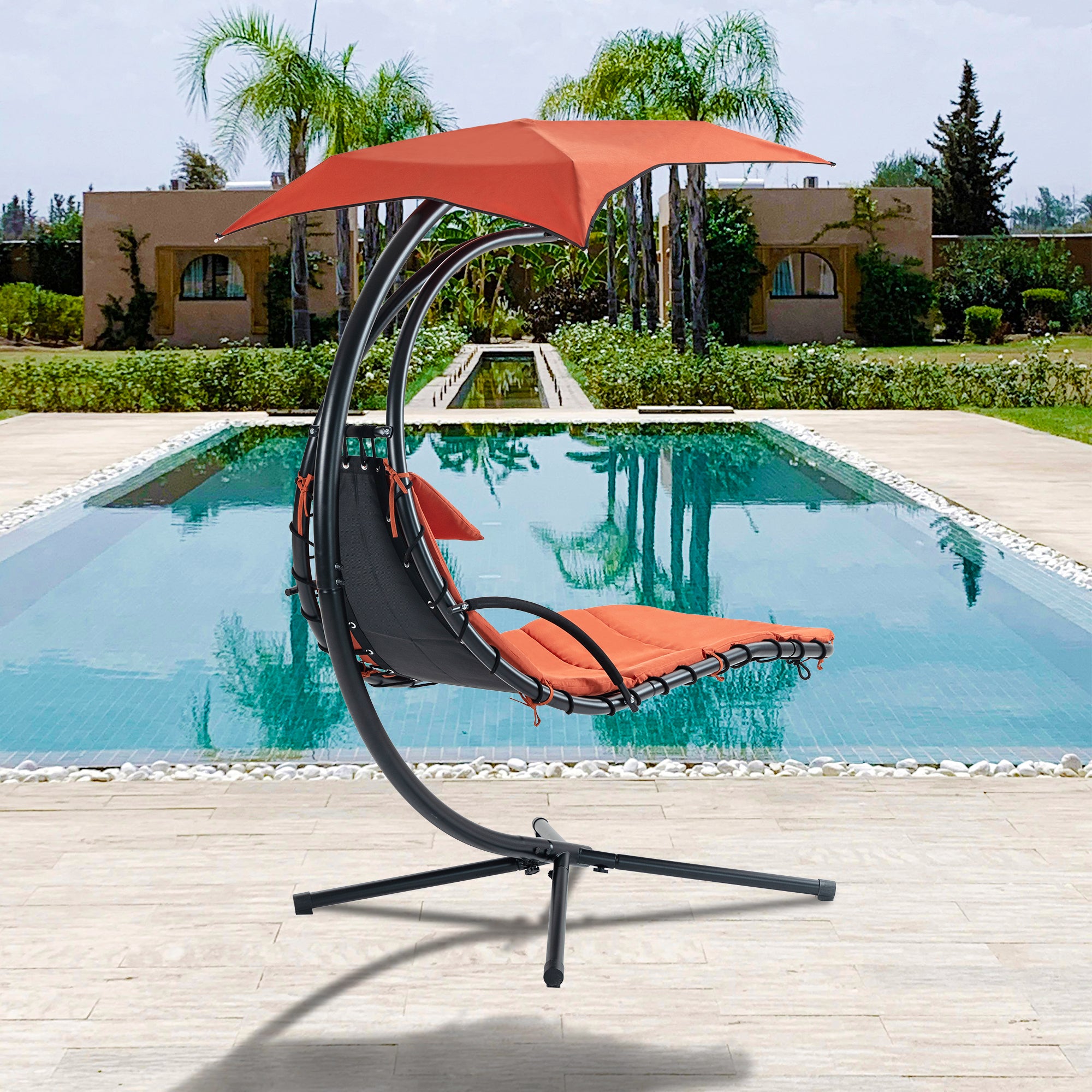 Hanging Chaise Lounger with Removable Canopy, Outdoor Swing Chair with Built-in Pillow, Hanging Curved Chaise Lounge Chair Swing for Patio Porch Poolside, Hammock Chair with Stand (Orange)