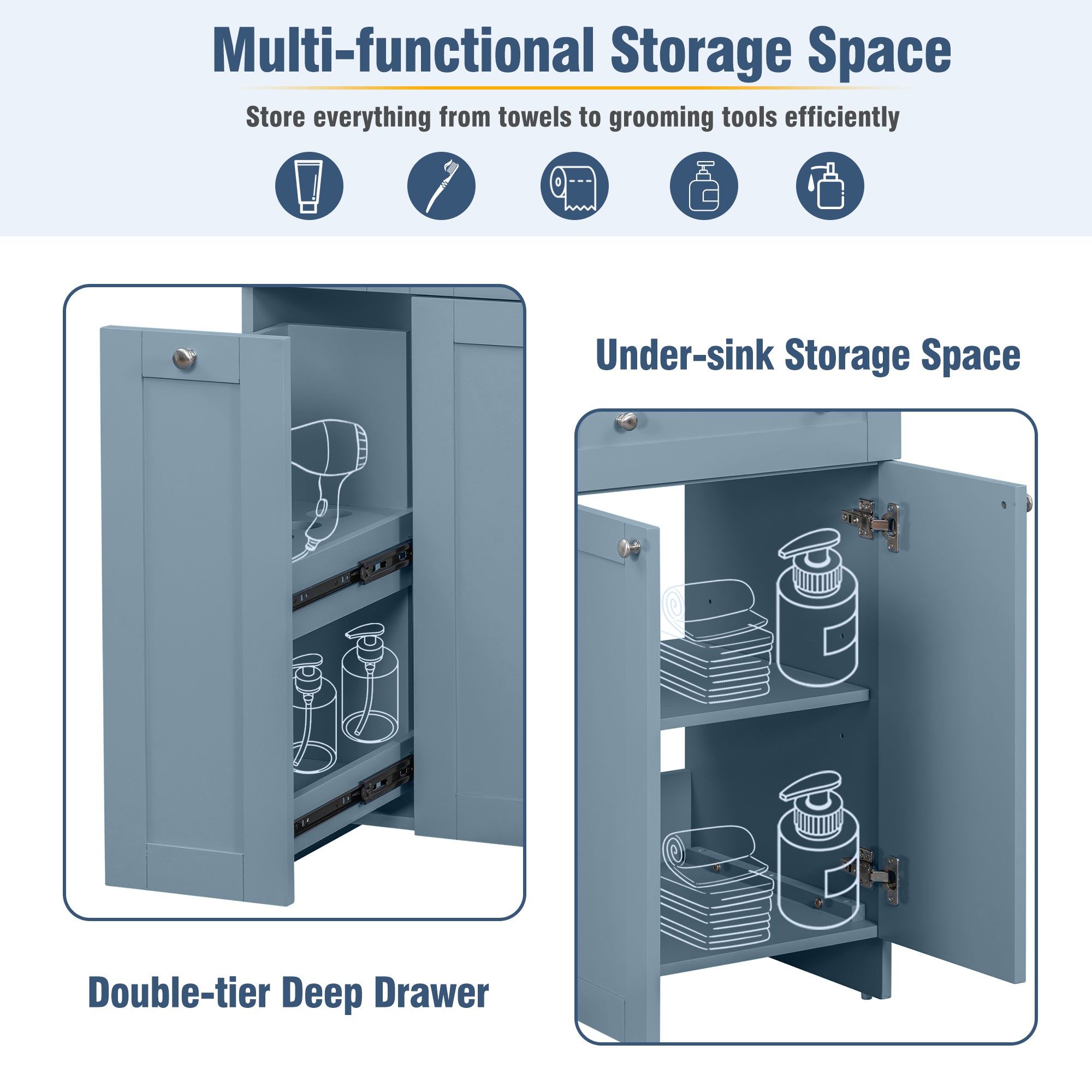 30-Inch Blue Bathroom Vanity with Ceramic Sink Combo, Abundant Storage Cabinet - 2 Soft close Doors and Double-tier Deep Drawer