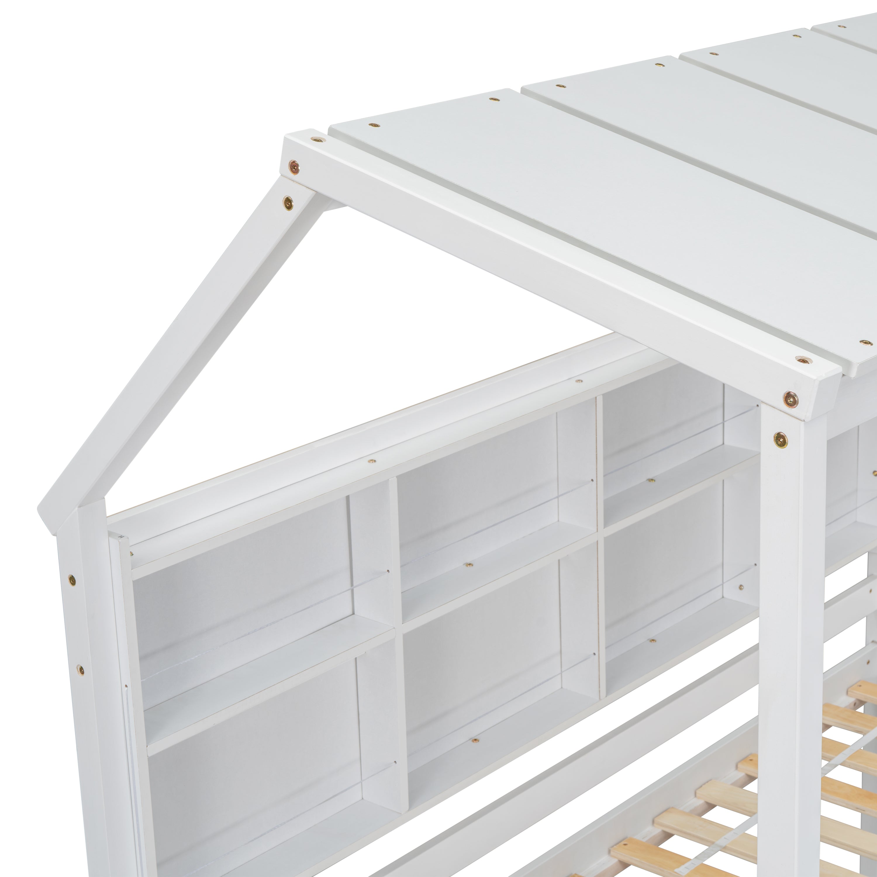 Twin Over Twin Low Bunk Bed with House Semi-enclosed Roof,Guardrails, Bedside Shelves and Ladder, White