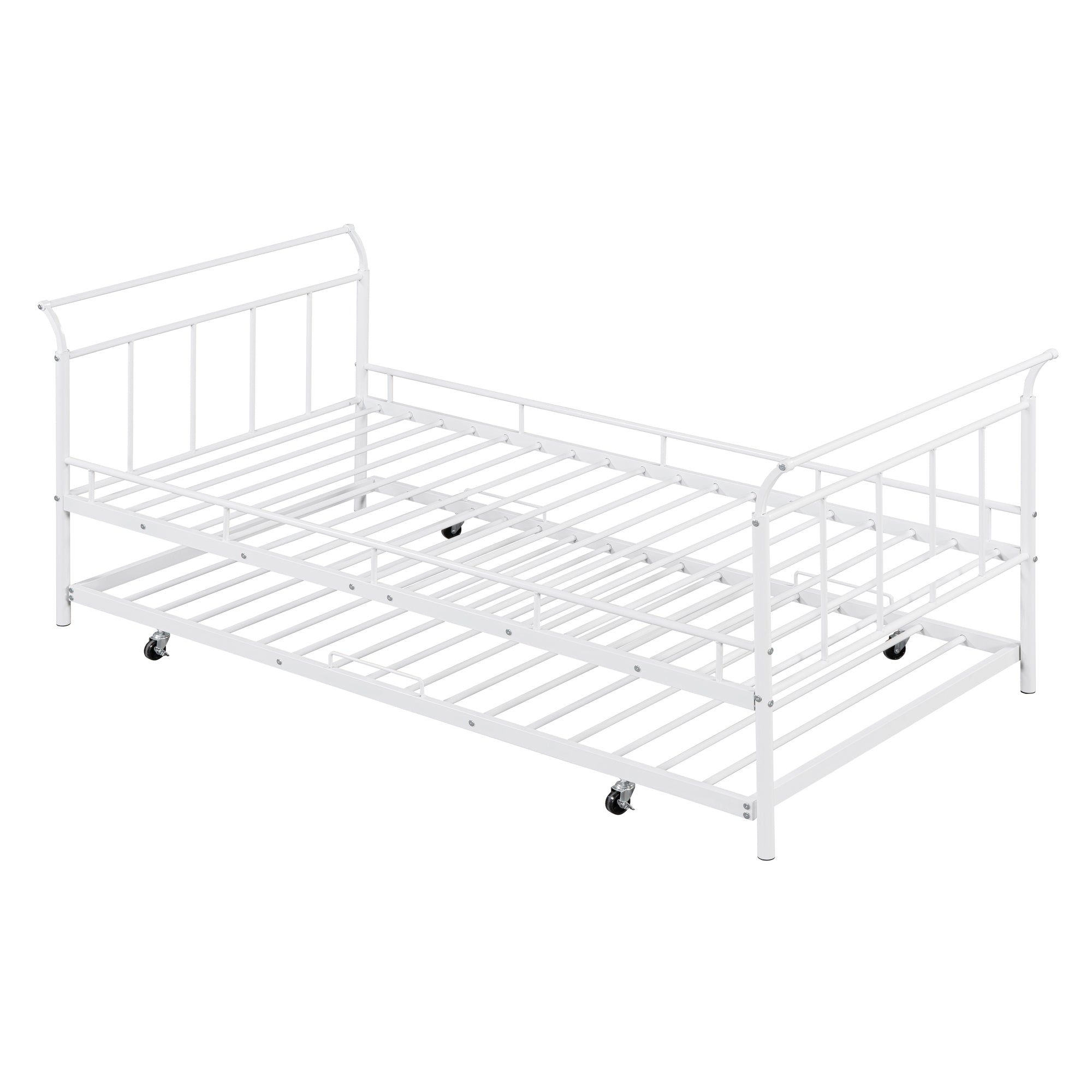 Twin Size Metal Daybed with Curved Handle Design and Twin Size Trundle, White