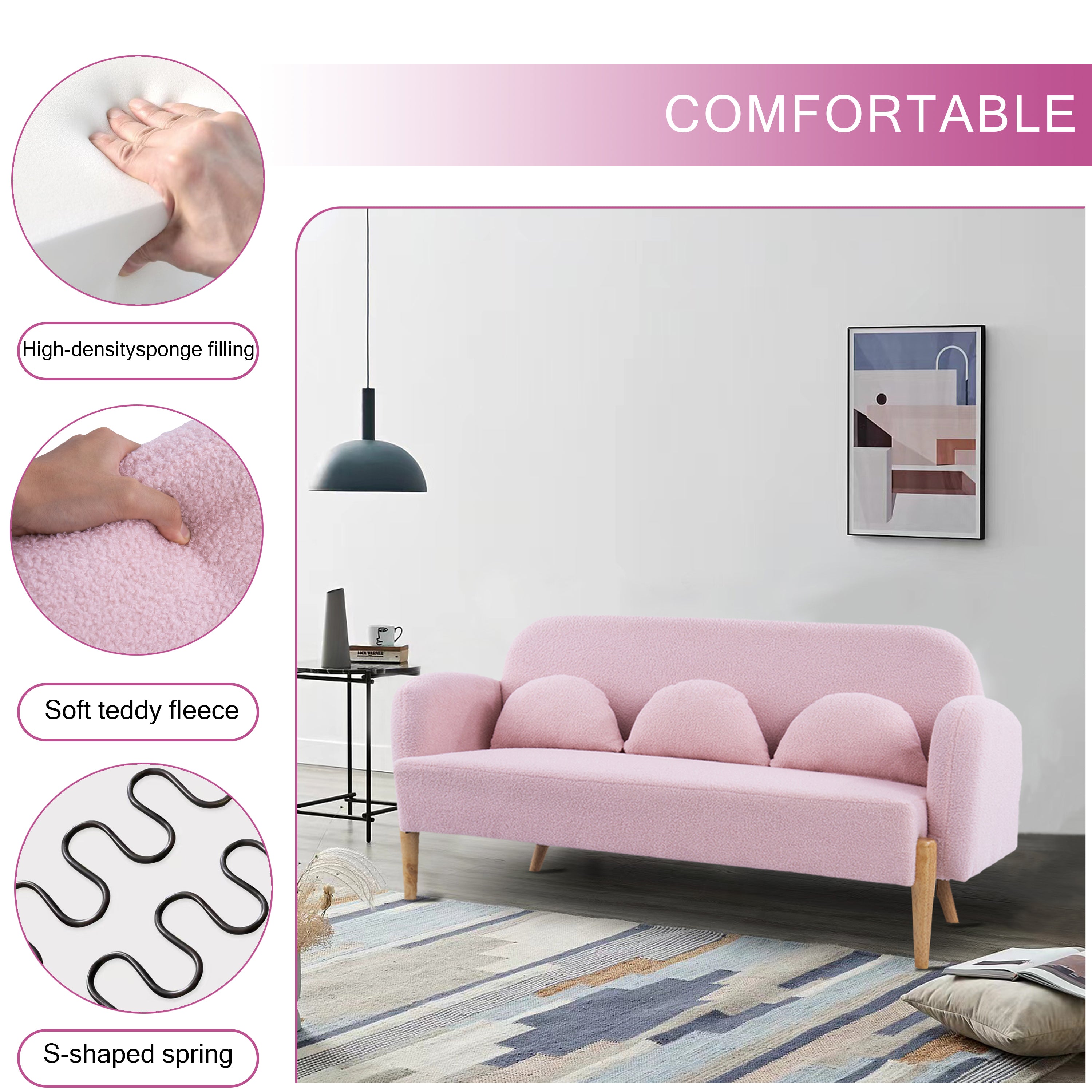 59.1" Teddy Velvet Pink Two-Seater Sofa with Three Lumbar Pillows