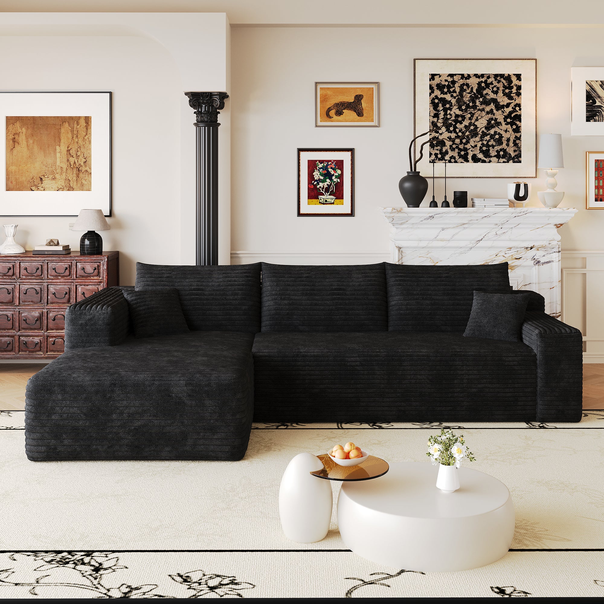 Black corduroy modern minimalist sectional sofa, detail view