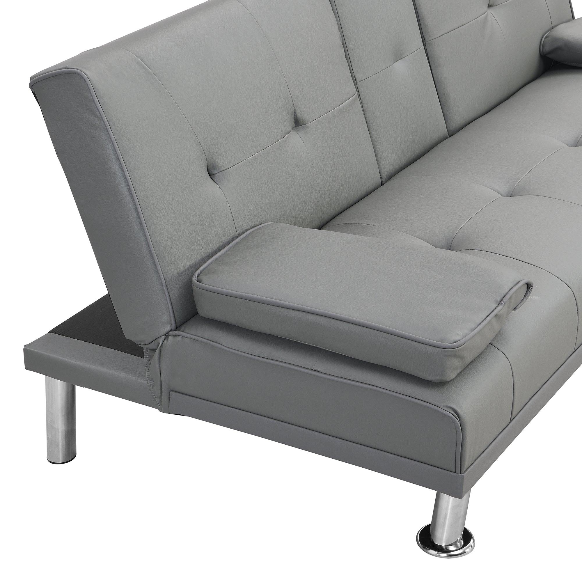 sofa bed with Armrest two holders  WOOD FRAME, STAINLESS LEG, FUTON GREY PVC