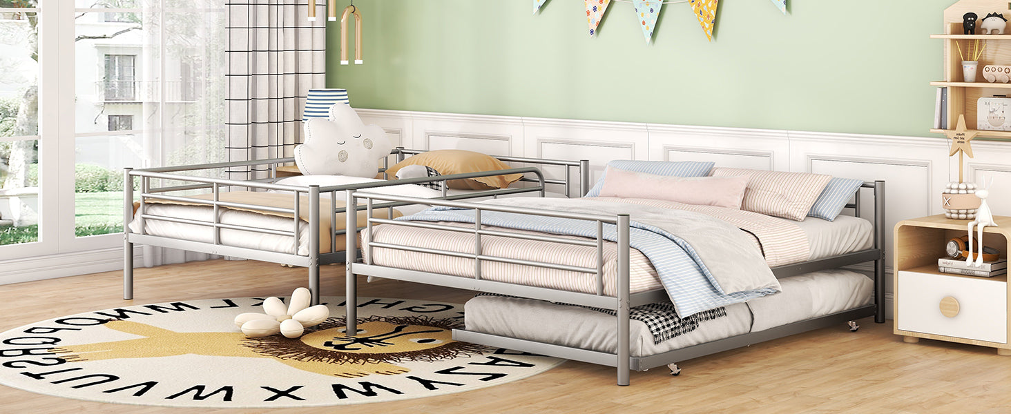 Full XL Over Queen Metal Bunk Bed with Trundle, Silver