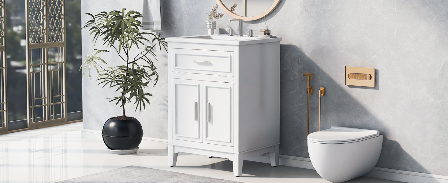 24" Bathroom Vanity with Sink, Bathroom Vanity Cabinet with One Flip Drawer and Doors, Solid Wood and MDF, White