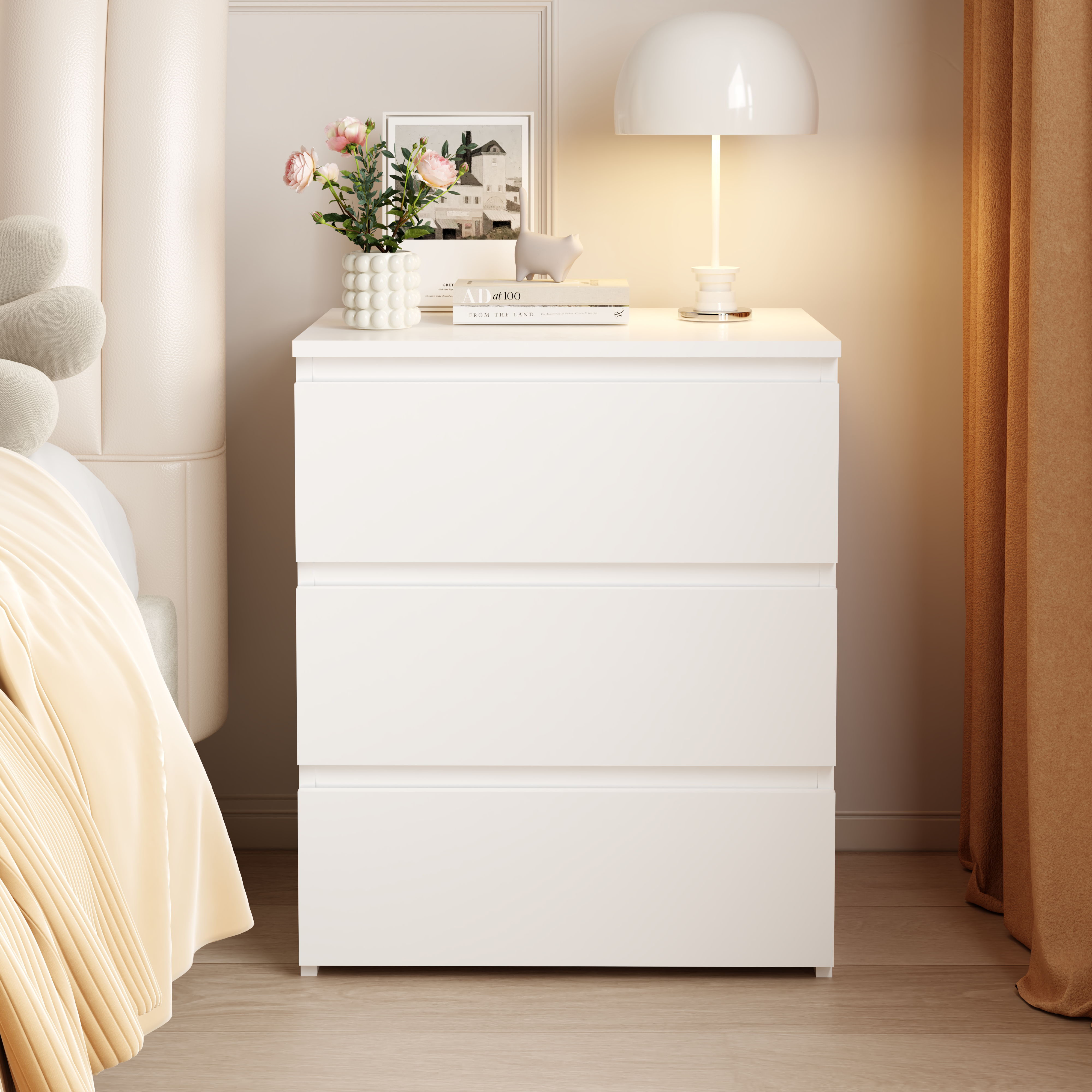 White 3-drawer wood nightstand, closet storage view