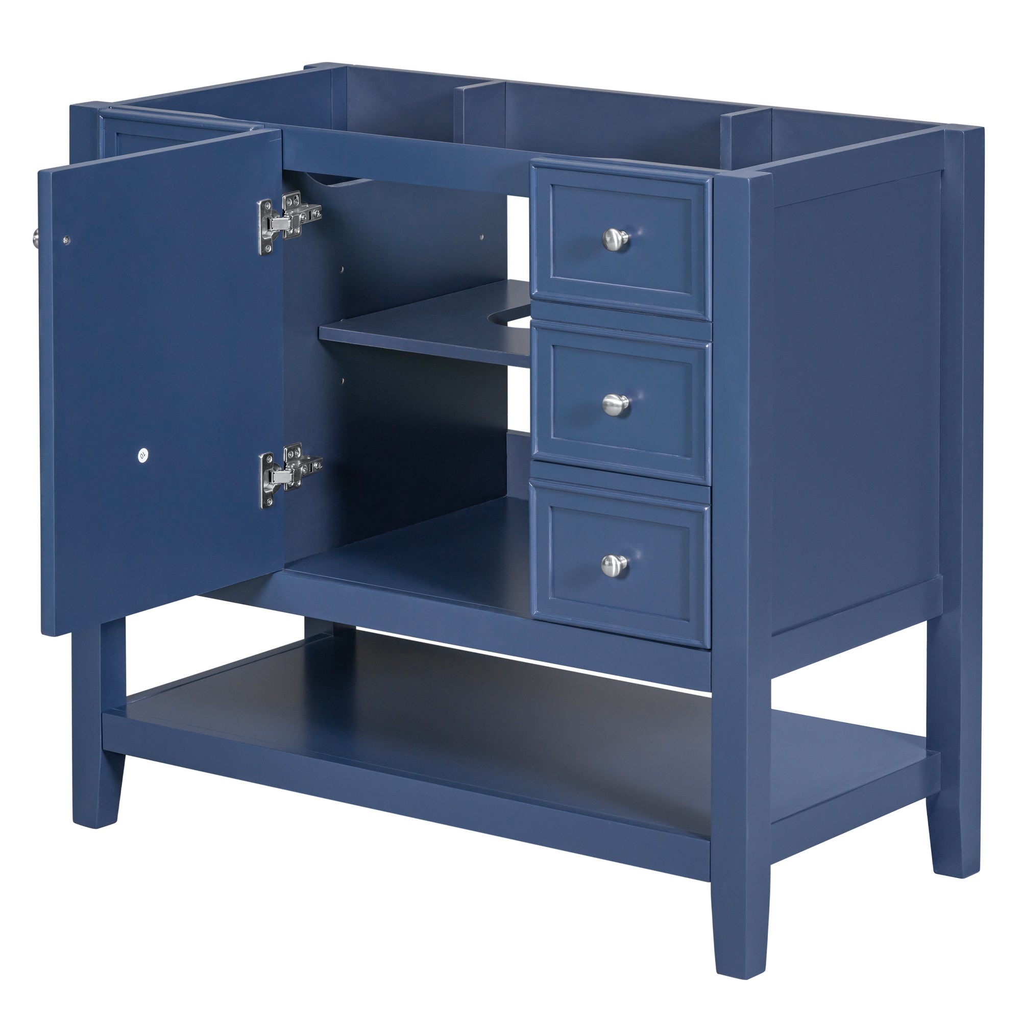 36" Bathroom Vanity without Sink, Cabinet Base Only, One Cabinet and three Drawers, Blue