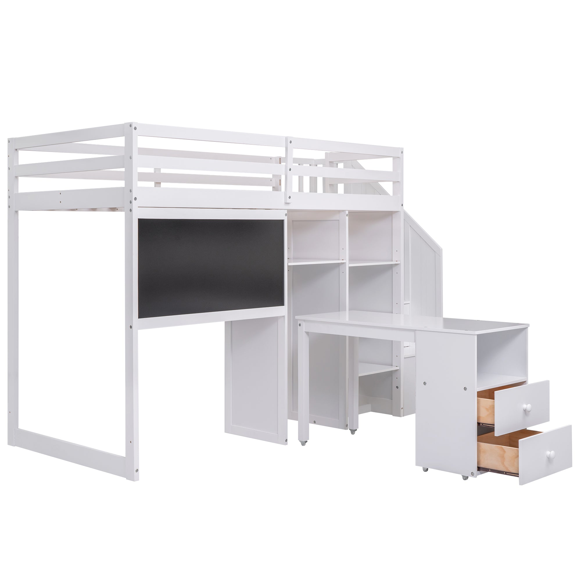 Twin Size Loft Bed with Pullable Desk and Storage Shelves,Staircase and Blackboard,White