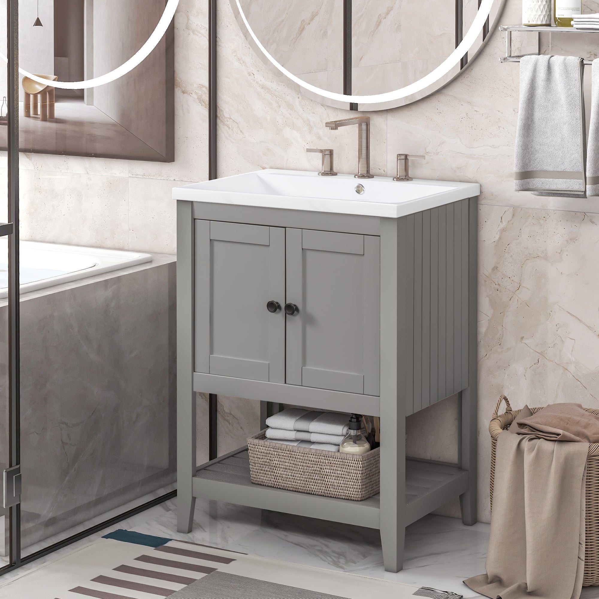 [VIDEO] 24" Grey Modern Sleek Bathroom Vanity Elegant Ceramic Sink with Solid Wood Frame Open Style Shelf (OLD SKU: JL000004AAE)