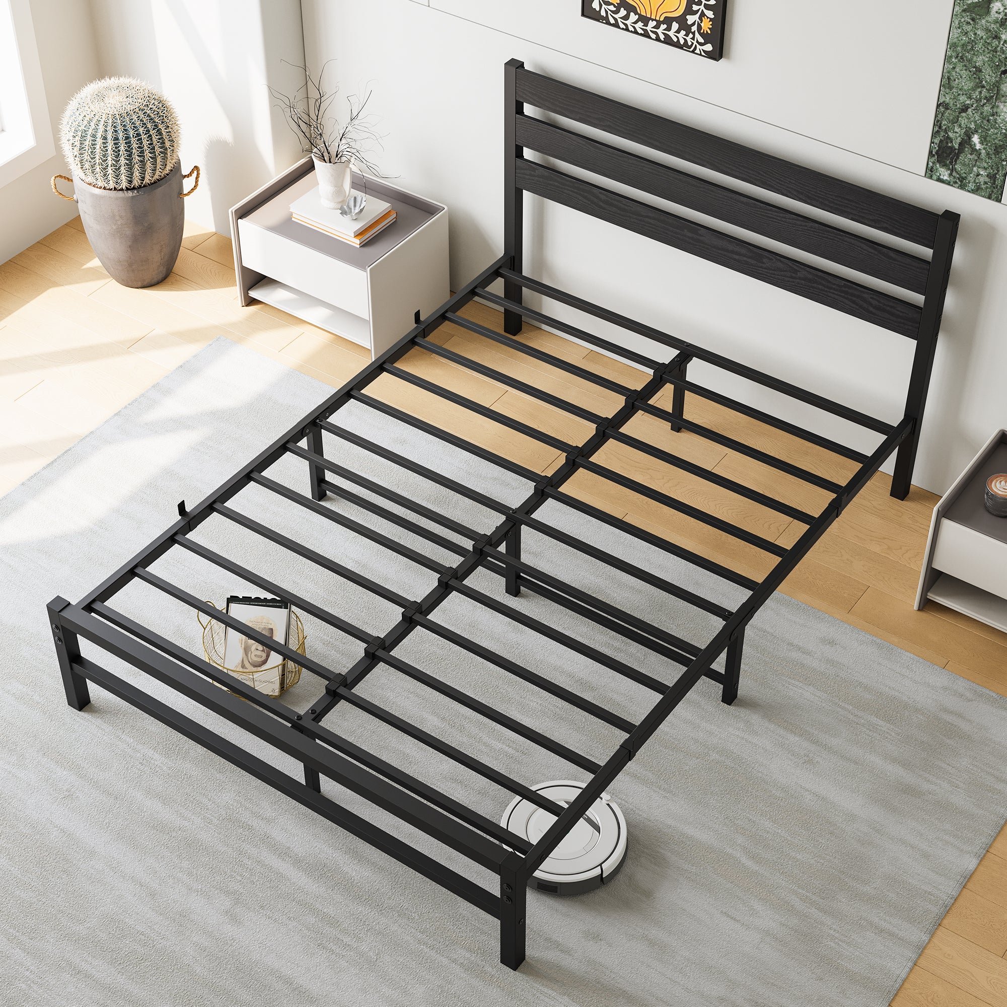 Full Size Platform Bed Frame with Rustic Vintage Wood Headboard, No Box Spring Needed Black