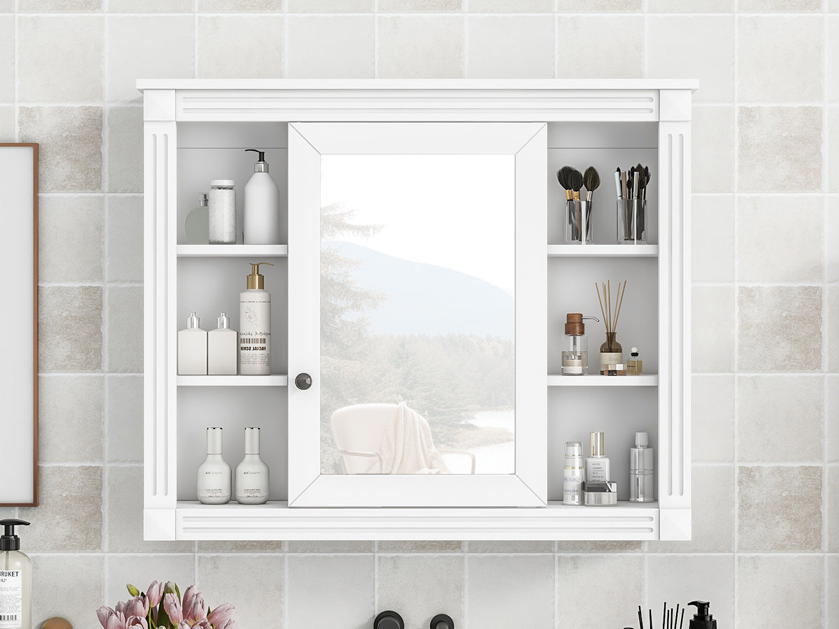 35'' x 28'' Wall Mounted Bathroom Storage Cabinet, Medicine Cabinet, Modern Bathroom Wall Cabinet with Mirror, Mirror Cabinet with 6 Open Shelves (Not Include Bathroom Vanity )