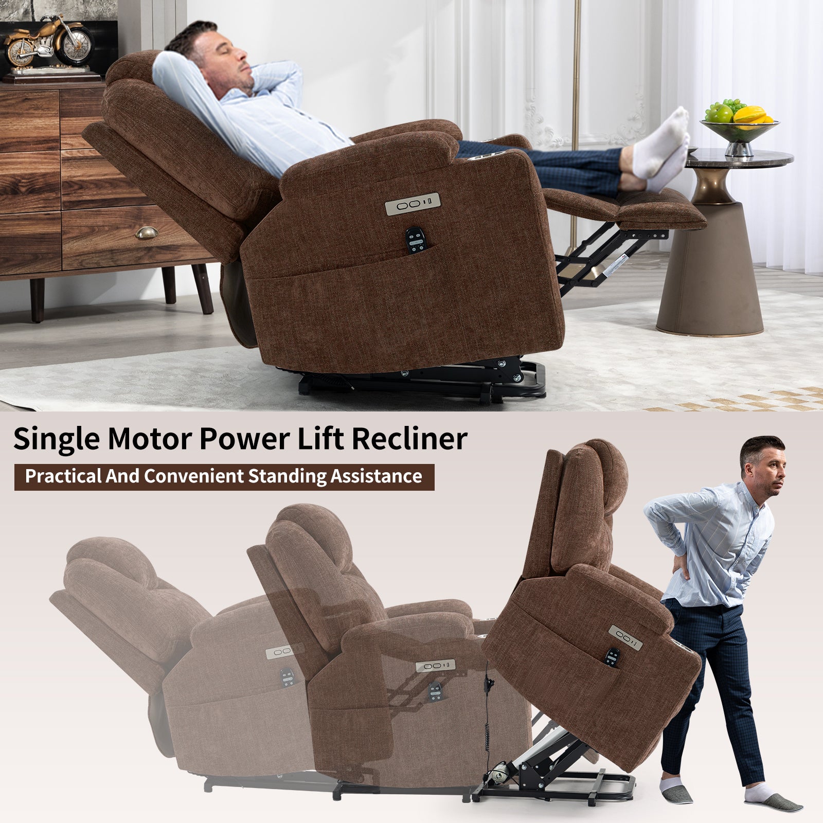 Up to 350 LBS Chenille Power Lift Recliner Chair, Heavy Duty Motion Mechanism with 8-Point Vibration Massage and Lumbar Heating, USB and Type-C Ports, Stainless Steel Cup Holders, Brown