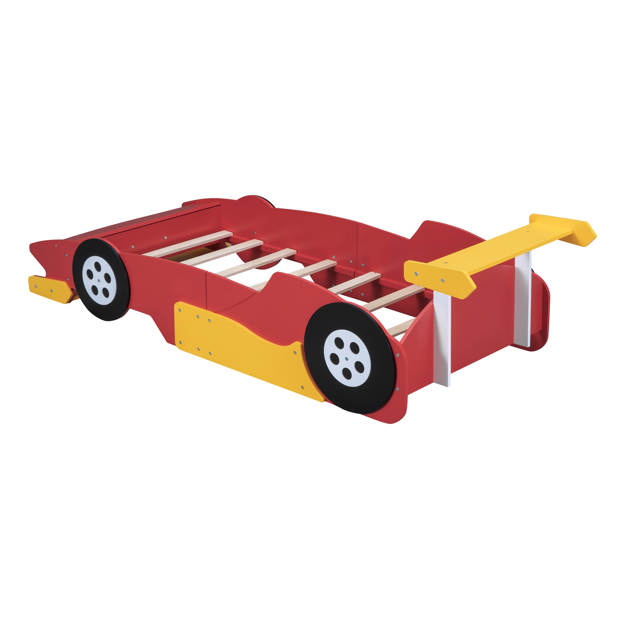 Twin Size Race Car-Shaped Platform Bed with Wheels,Red