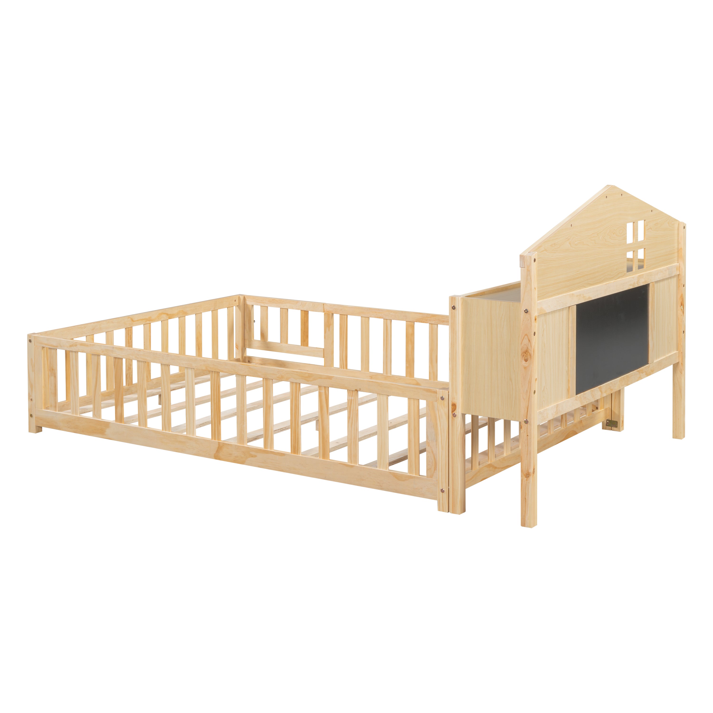 Full-size Montessori Floor Bed with Bookcases and Blackboards, Versatile Platform Beds with Guard rails, Solid Wood Floor Beds with Storage Headboards, Floor Beds for Kids and Teens  Natural