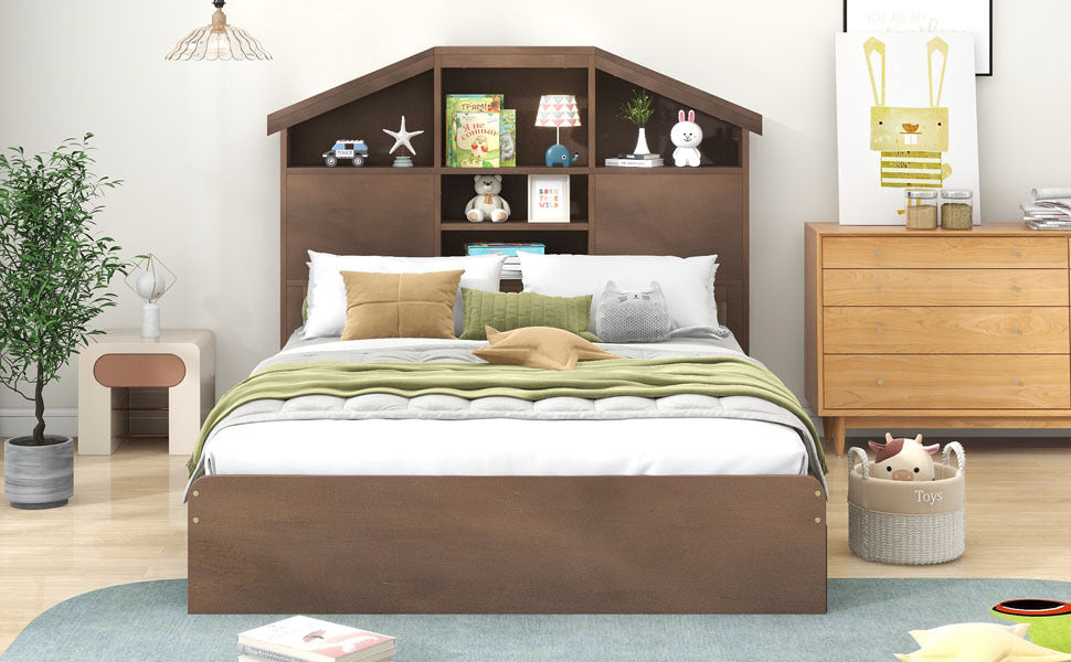 Full Size Wood Platform Bed with House-shaped Storage Headboard and 2 Drawers, Walnut