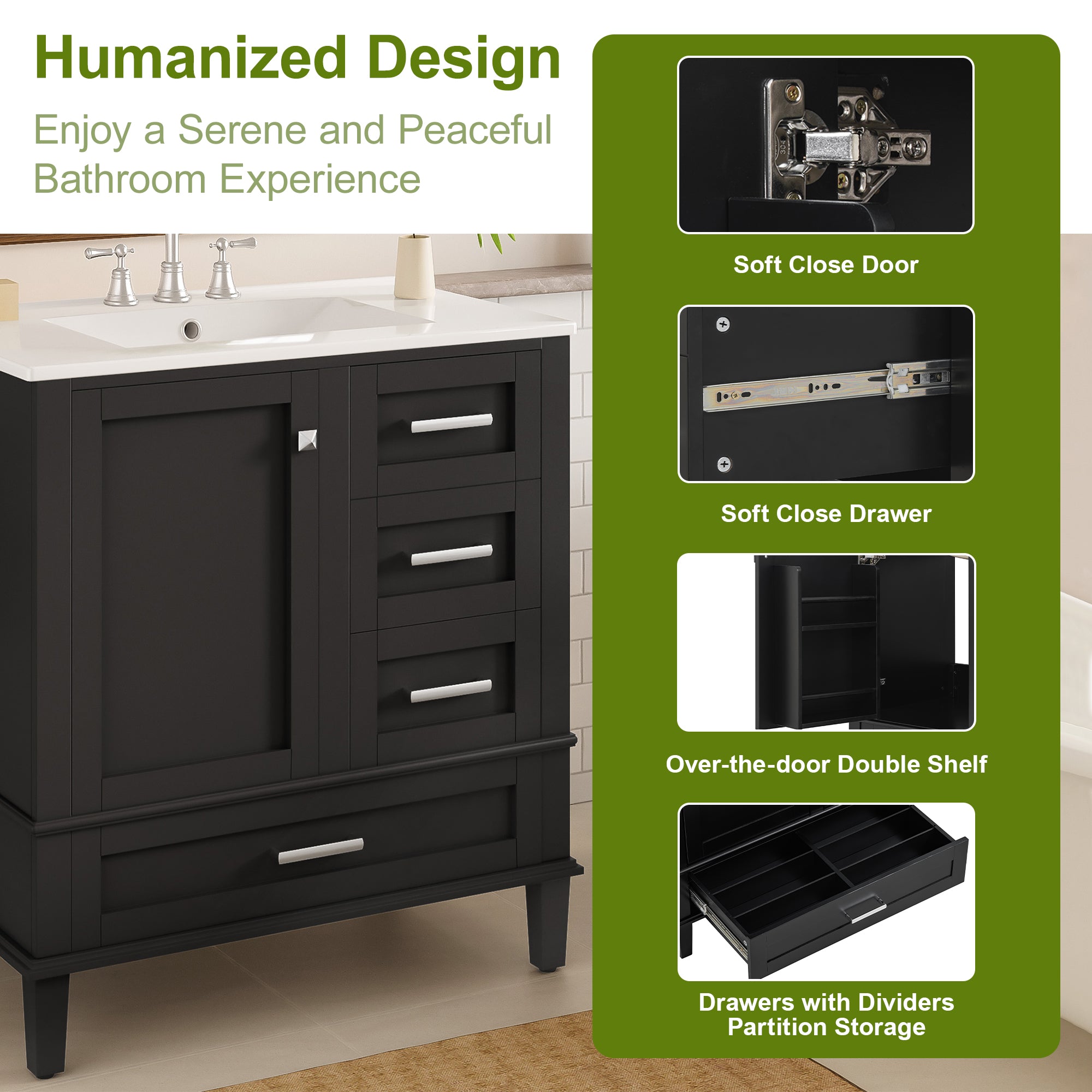 Black solid wood vanity door and drawer configuration view
