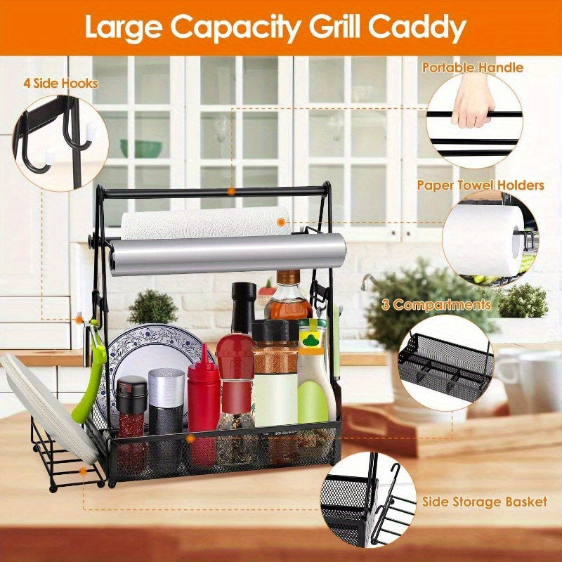 Metal Utensil Grill Caddy Holder BBQ Condiments Storage w/ Paper Towel Holder for Outdoor and Indoor