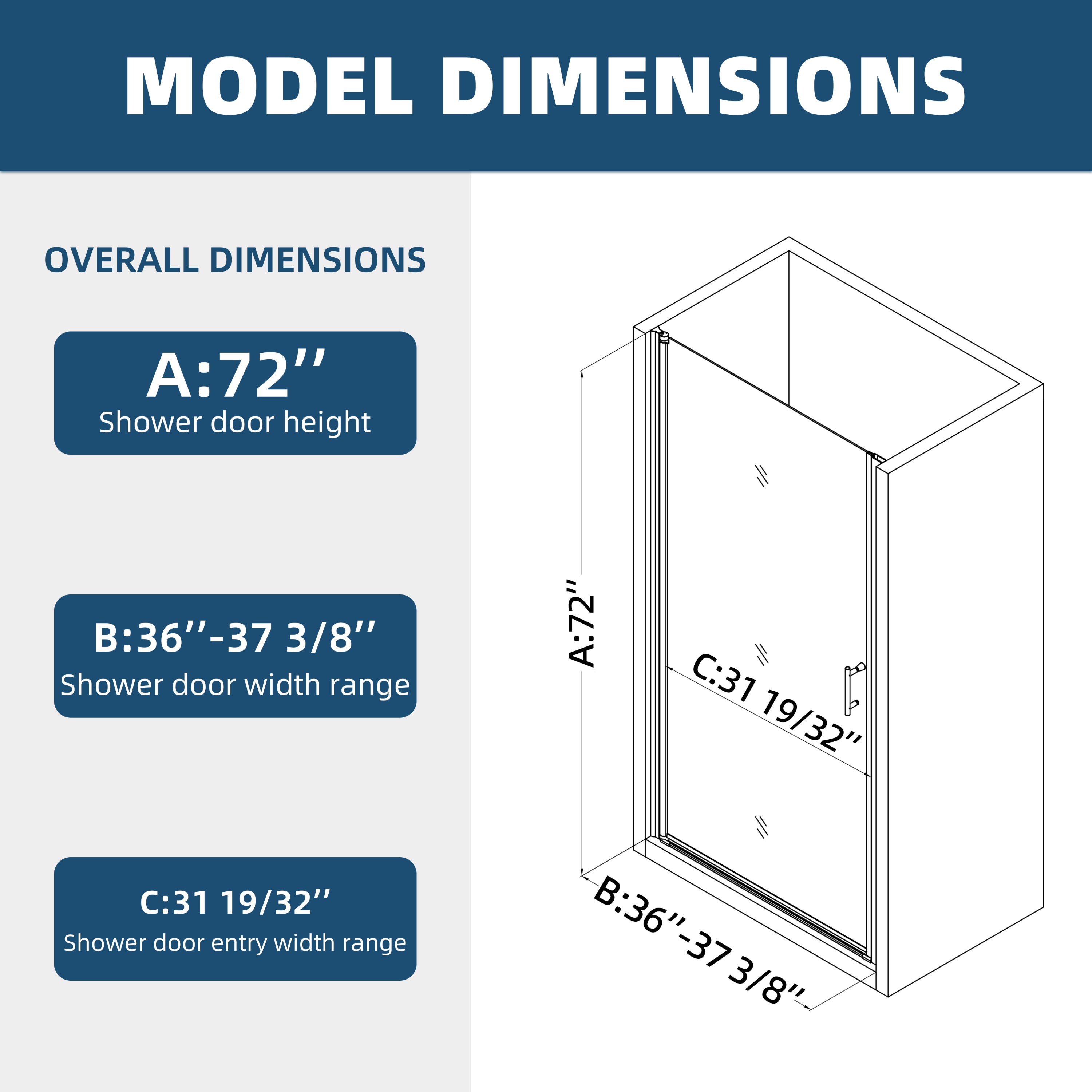 36"W x 72"H (1 3/8) Universal pivot shower door, open outside with 1/4" tempered glass