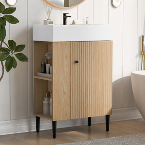 21.6 inch wood bathroom vanity with single ceramic sink, front view