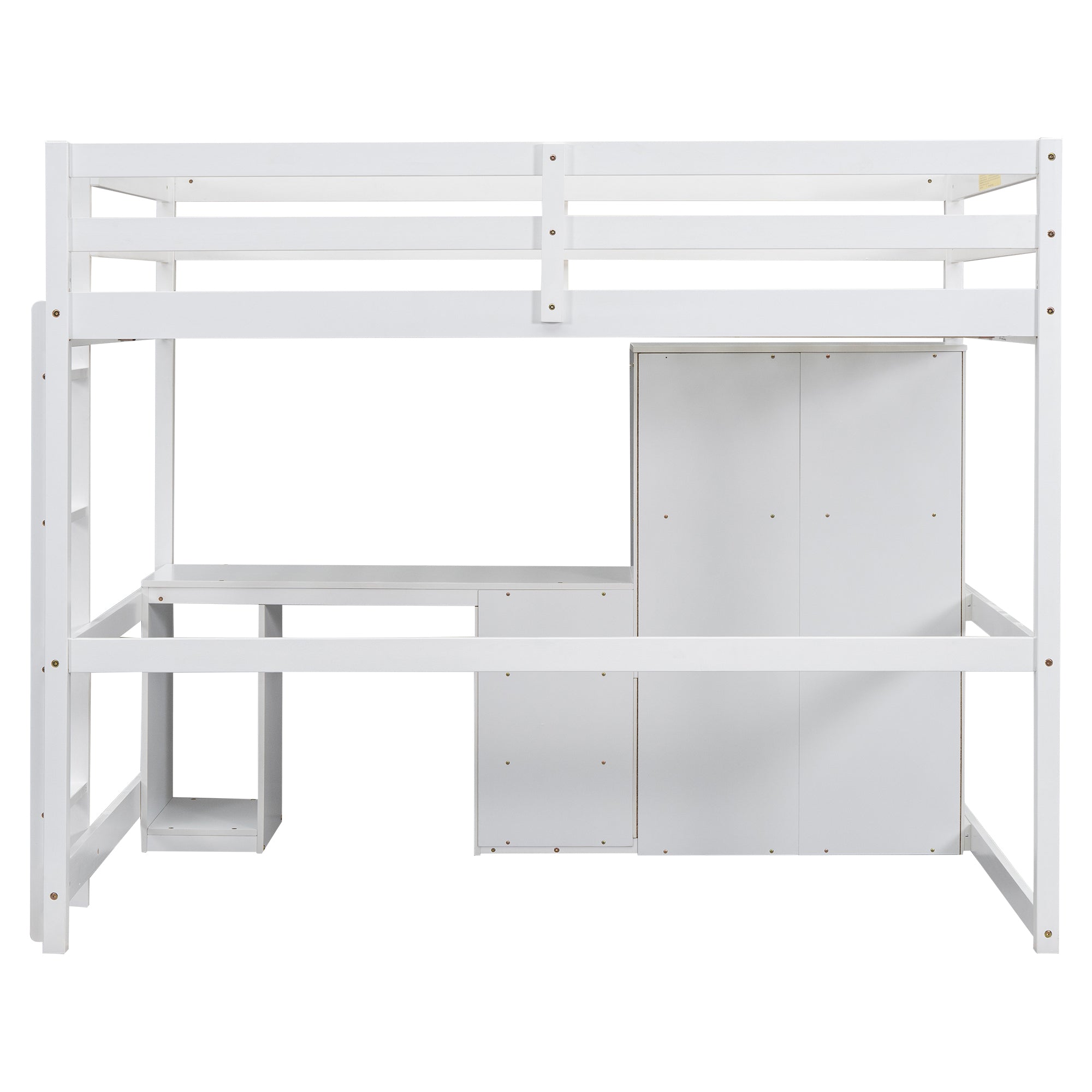 Full Size Loft Bed with Wardrobe, Desk and Storage Drawers, White