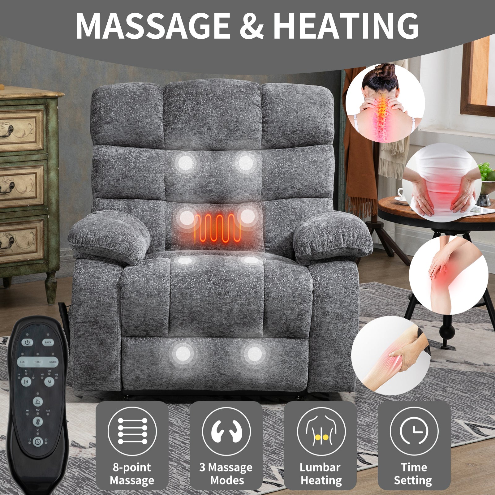 Lift Recliner Chair Heat Massage Dual Motor Infinite Position Up to 350 LBS Large Electric Power Lift Recliners with Power-Remote, Medium-firm and Heavy duty, Grey