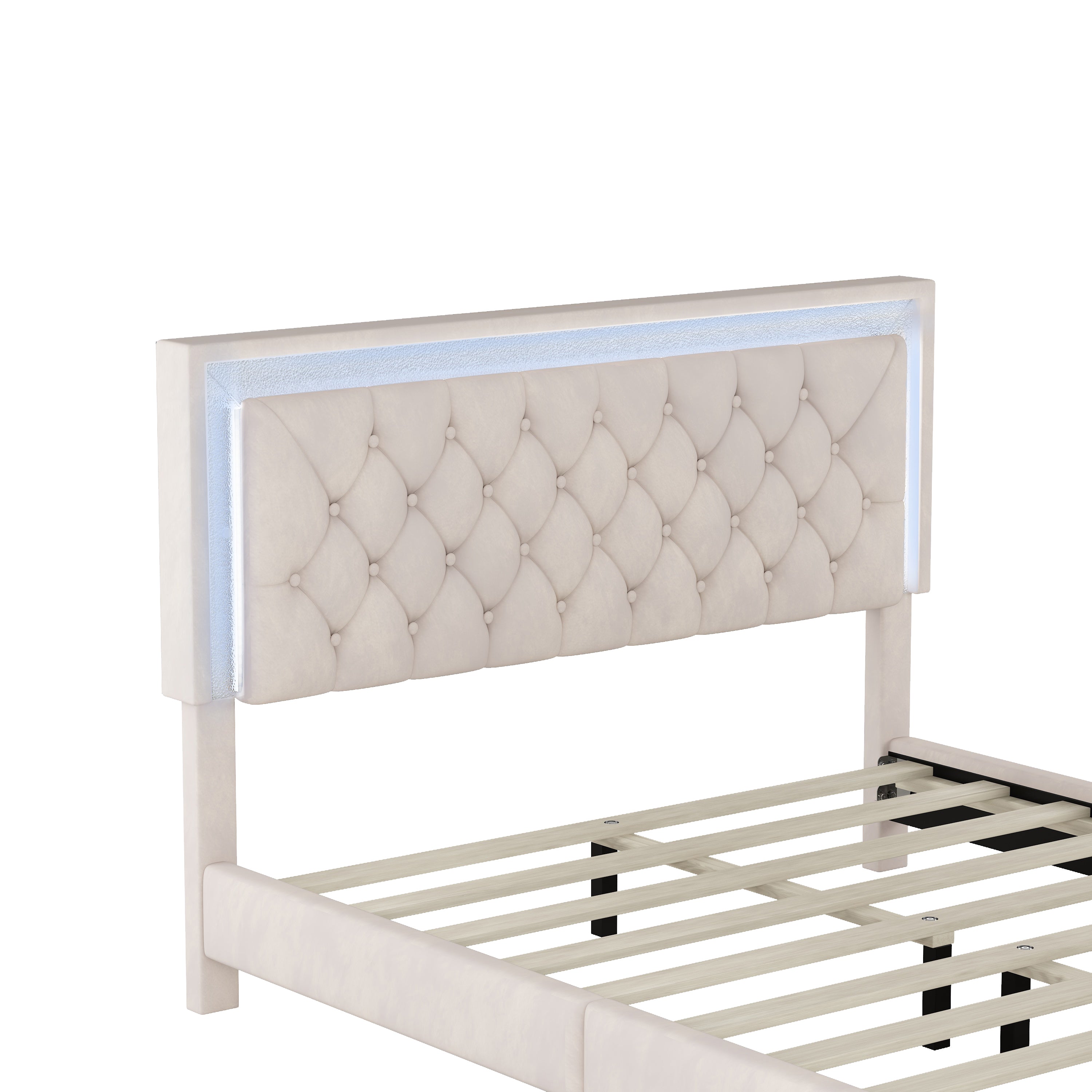 Queen Size Upholstered Bed Frame with LED Lights,Modern Velvet Platform Bed with Tufted Headboard,Beige