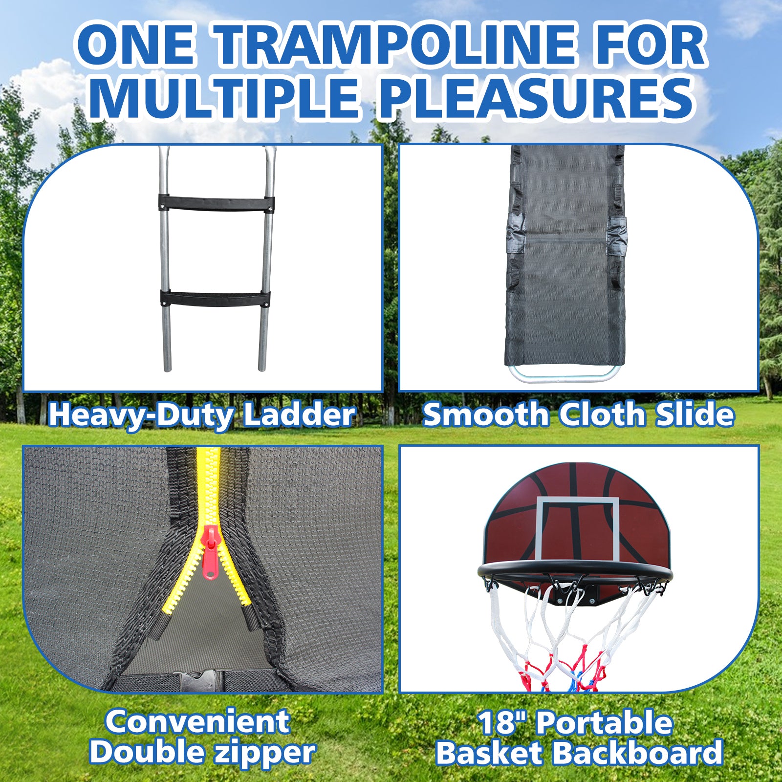 12FT Trampoline with Enclosure - Recreational Trampolines with Ladder and Anti Rust Coating, Pumpkin-shaped Trampoline with Slide and Basket Board, ASTM Approval Outdoor Trampoline for Kids