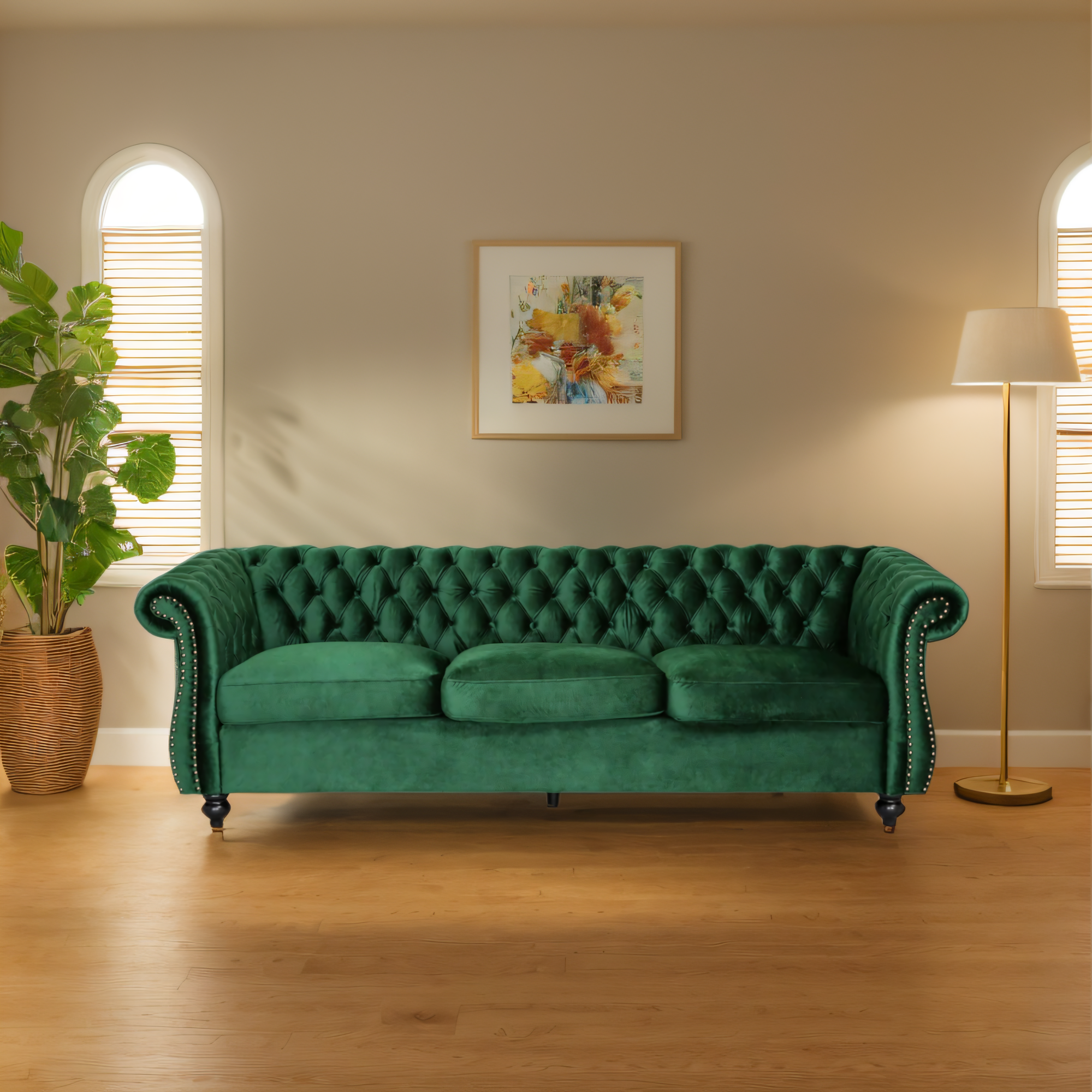 Durable 3-Seater Emerald Velvet Sofa, Combining Luxurious Comfort with Timeless Design, Perfect for Elegant Living Spaces, Featuring Plush Upholstery for Relaxation and a Touch of Sophisticated Style