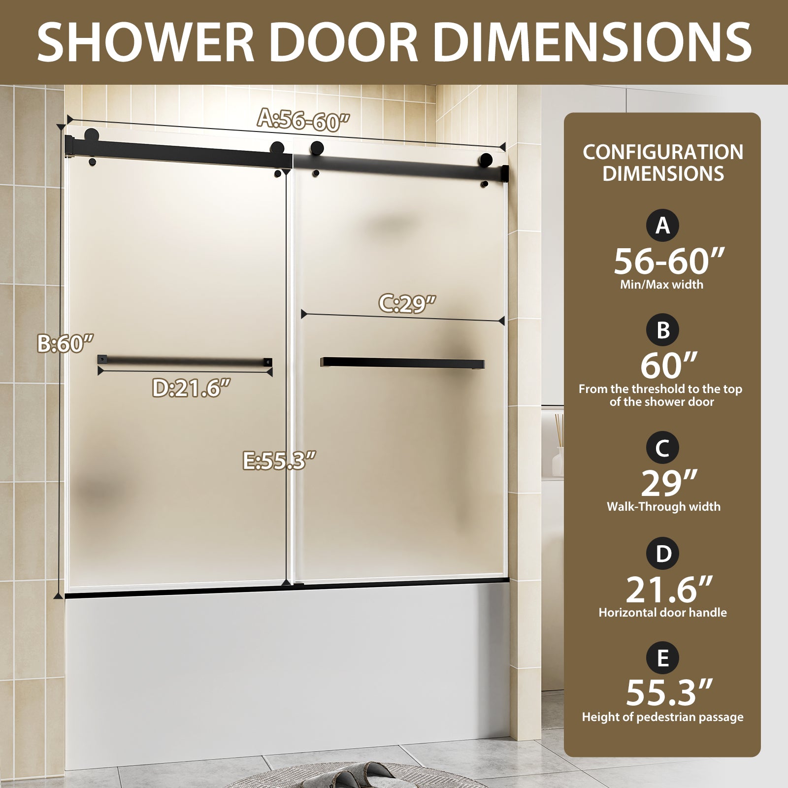 56-60 x 60 in Frosted Frameless Double Sliding Shower Door - 56-60 x 60 in / Frosted Glass / Matte Black view 2