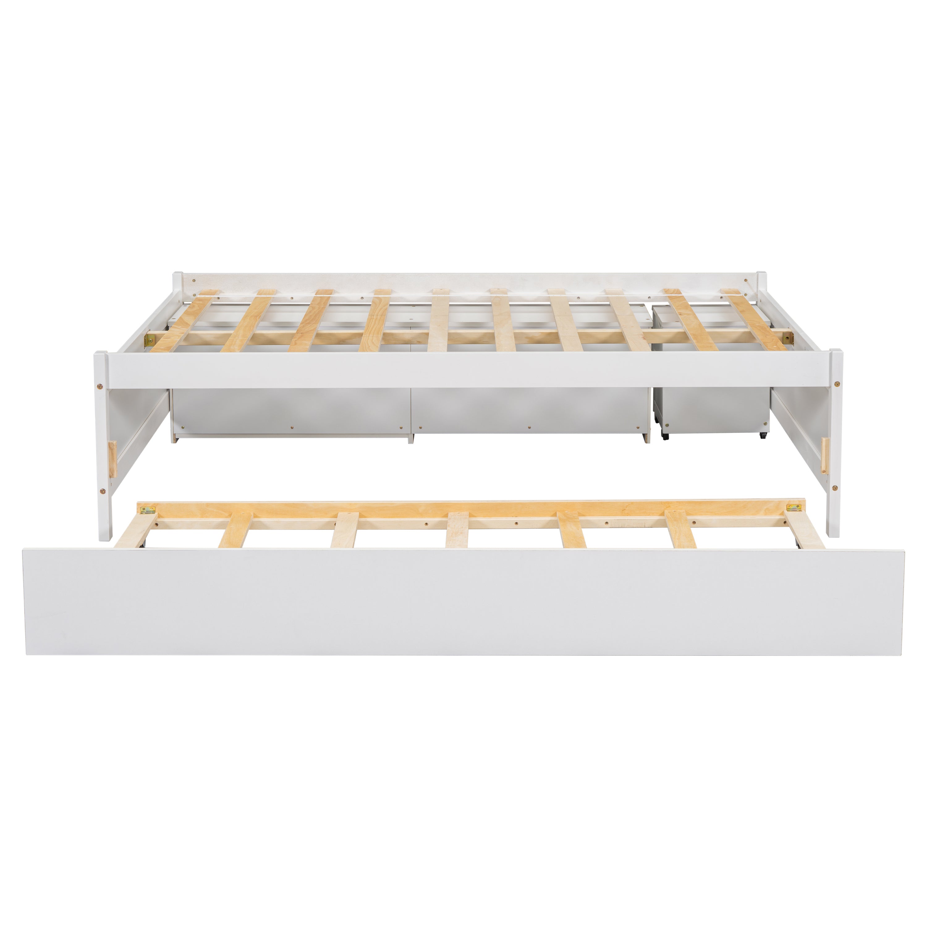 Full Size Storage Bed , Solid Wood Bed with Trundle, Under bed Storage Box of 2 Drawers, Shelves, and Nightstand ,White