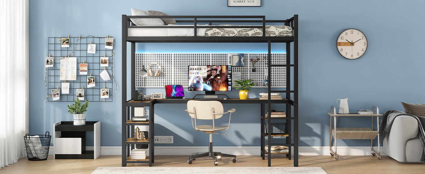 Twin XL Metal Loft Bed with Desk and Shelves, Loft Bed with Ladder and Guardrails, Loft Bed Frame for Bedroom, Black