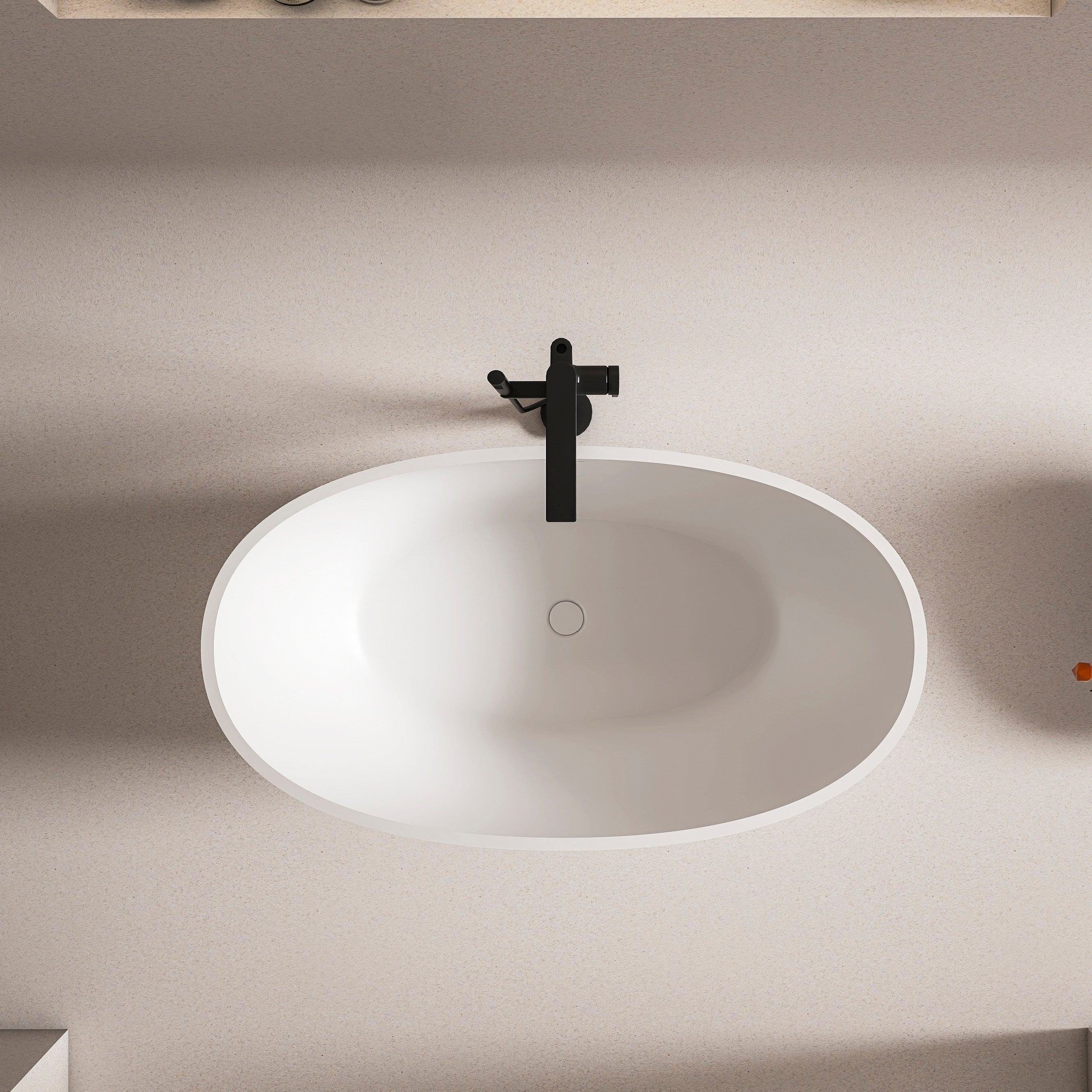 55-inch freestanding solid surface soaking bathtub, side profile view
