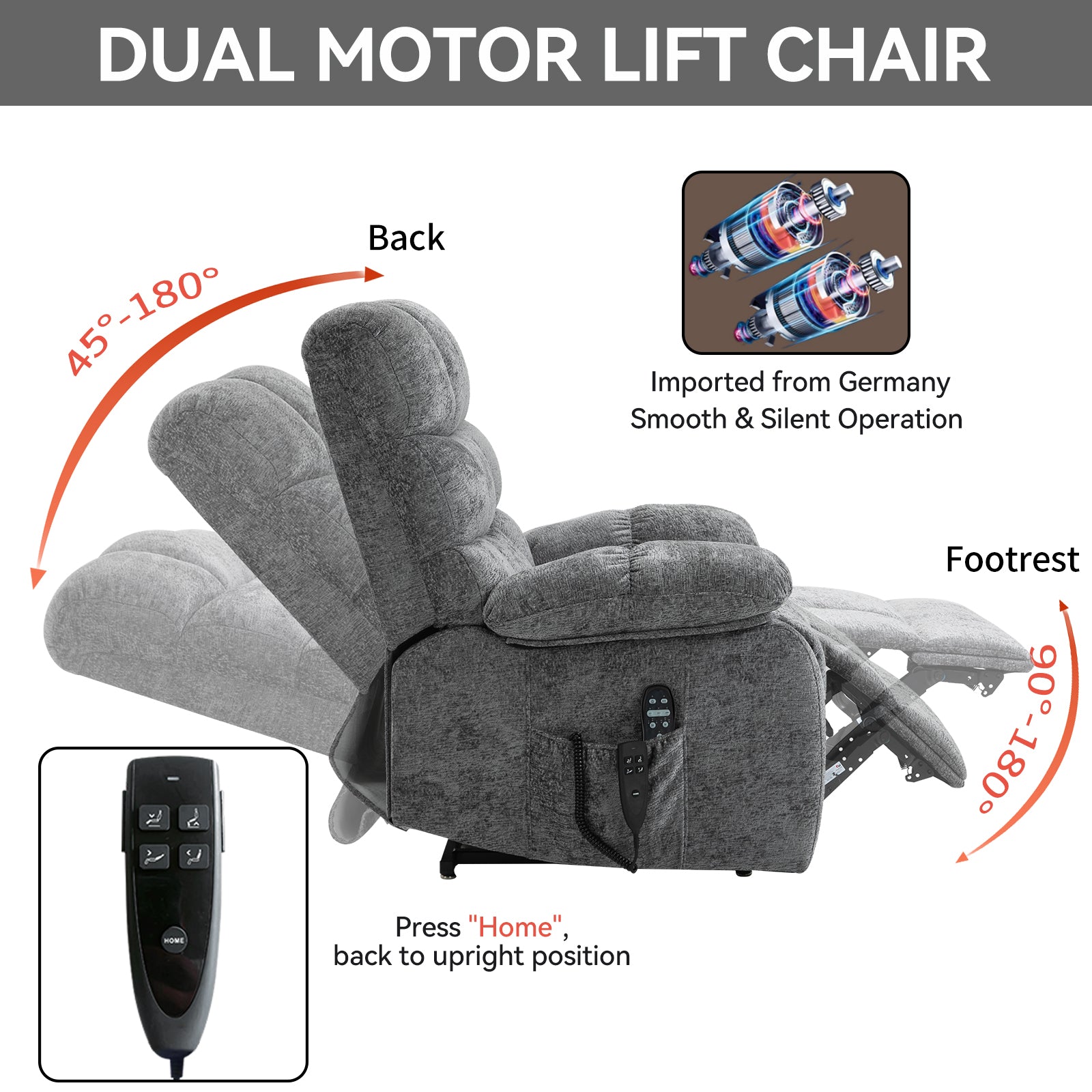 Lift Recliner Chair Heat Massage Dual Motor Infinite Position Up to 350 LBS Large Electric Power Lift Recliners with Power-Remote, Medium-firm and Heavy duty, Grey