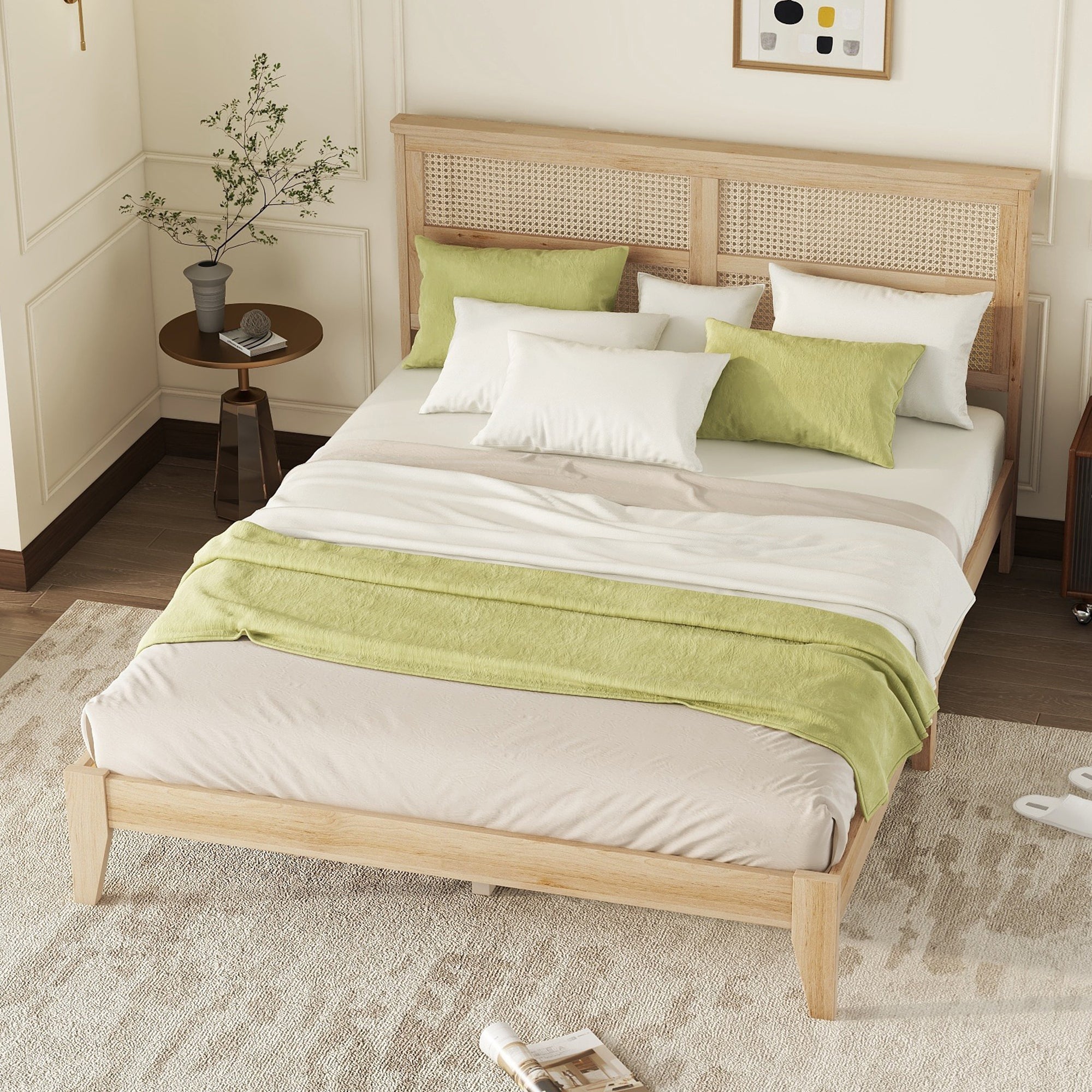 Queen solid rubberwood bed natural finish support feet detail