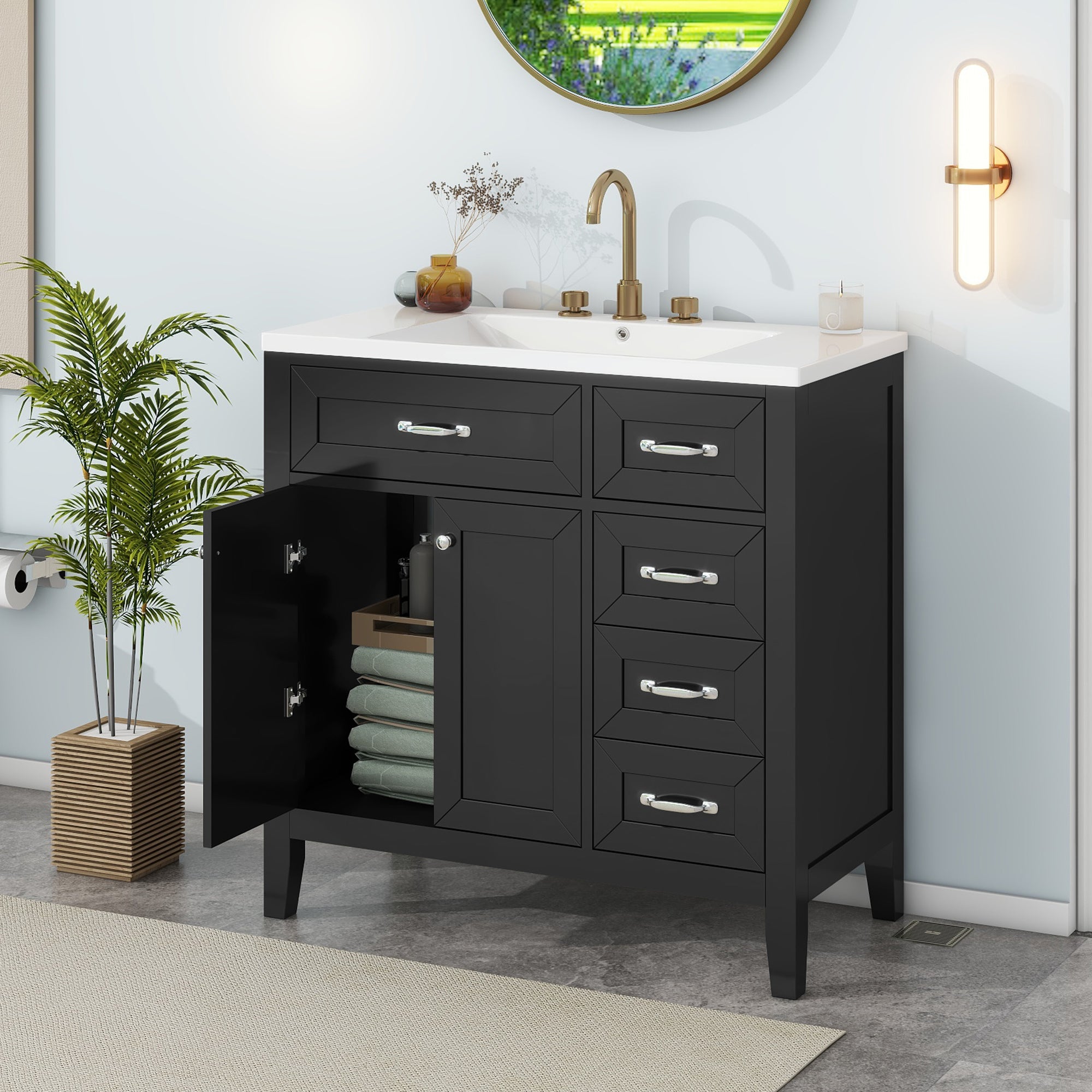 36" Bathroom Vanity with Sink Combo, Black Bathroom Cabinet with Drawers, Solid Frame and MDF Board (Old Sku:JL000007AAB)