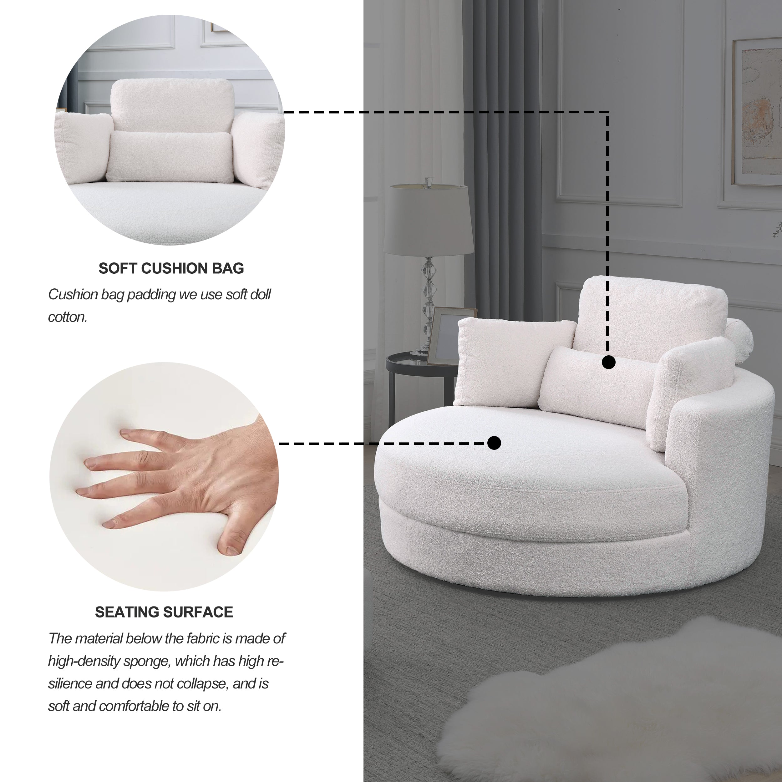 [Video] Welike Swivel Accent Barrel Modern Sofa Lounge Club Big Round Chair with Storage Ottoman Linen Fabric for Living Room Hotel with Pillows,Teddy White (Ivory)