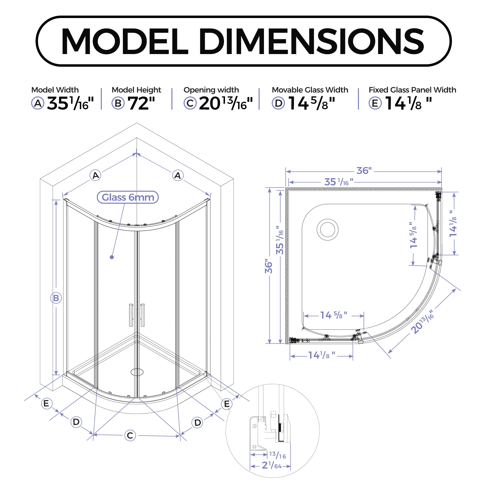 36 x 36 x 72 in Neo-Round Sliding Shower Enclosure - 36 x 36 x 72 in / Chrome view 3