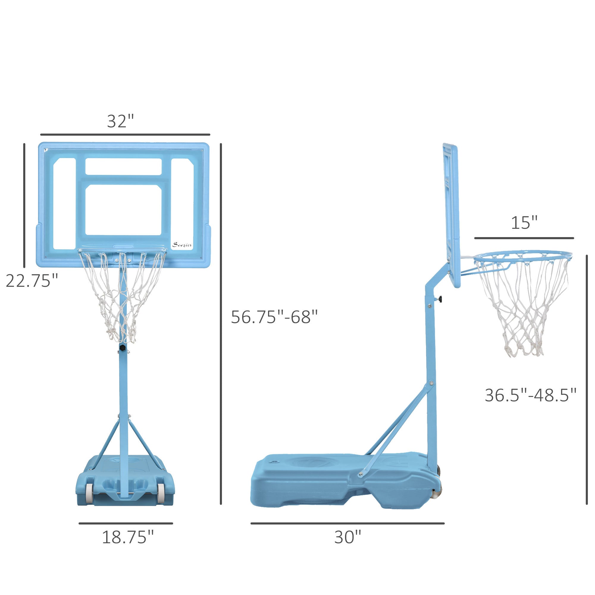 Soozier Poolside Basketball Hoop Stand, 36.5"-48.5" Height Adjustable Portable Hoop System w/ Clear Backboard & Fillable Base for Whole Family, Blue, White