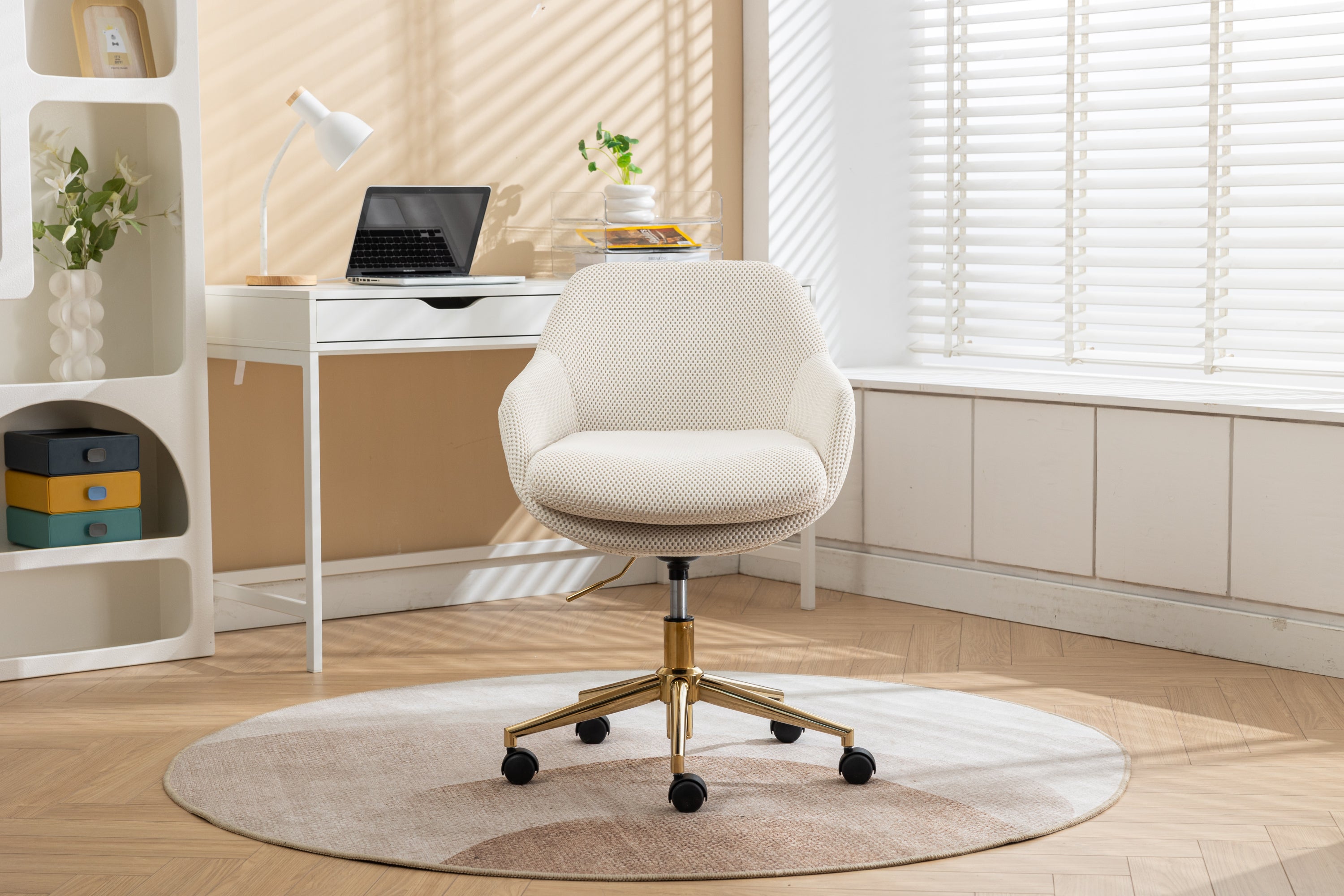 046-Mesh Fabric Home Office 360°Swivel Chair Adjustable Height With Gold Metal Base,Beige